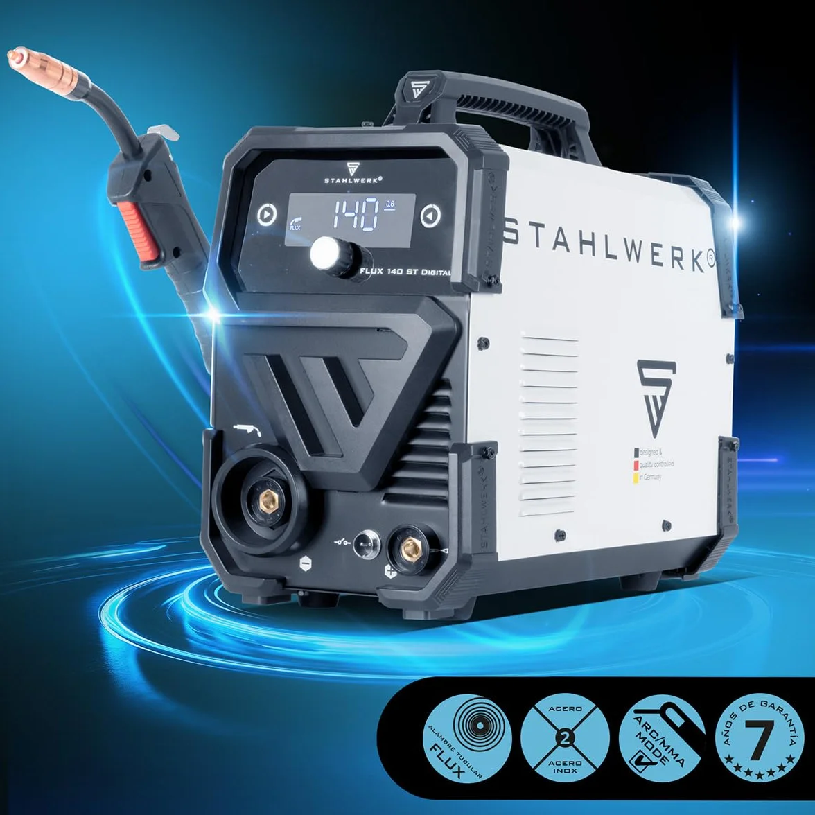 STAHLWERK Soldadora FLUX 140 ST Digital – Soldadura con hilo hueco sin gas protector hasta 140 A, compacta, avance de hilo sinérgico, luz LED integrada, función Lift-TIG & MMA (Electrodo/ARC), IGBT