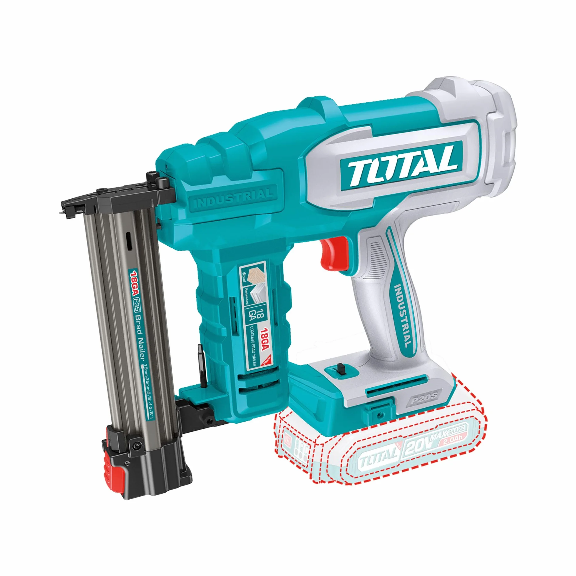TOTAL - Clavadora a Batería 20V Profesional; 2 Clavos; Compatible F15-F35; Cargador 105 Clavos; Modelo TCBNLI2005; Herramienta Eléctrica sin Batería ni Cargador