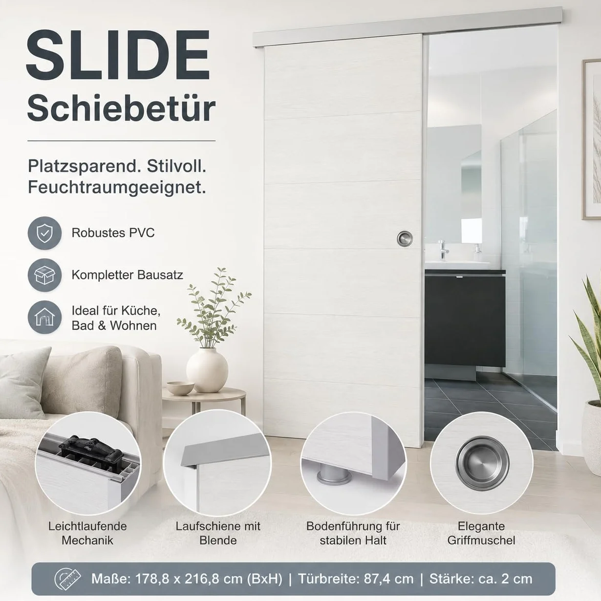Puerta corredera de plástico, Grosfillex, 79450C06, kit completo, 87,4 x 216,8 cm, color madera blanco