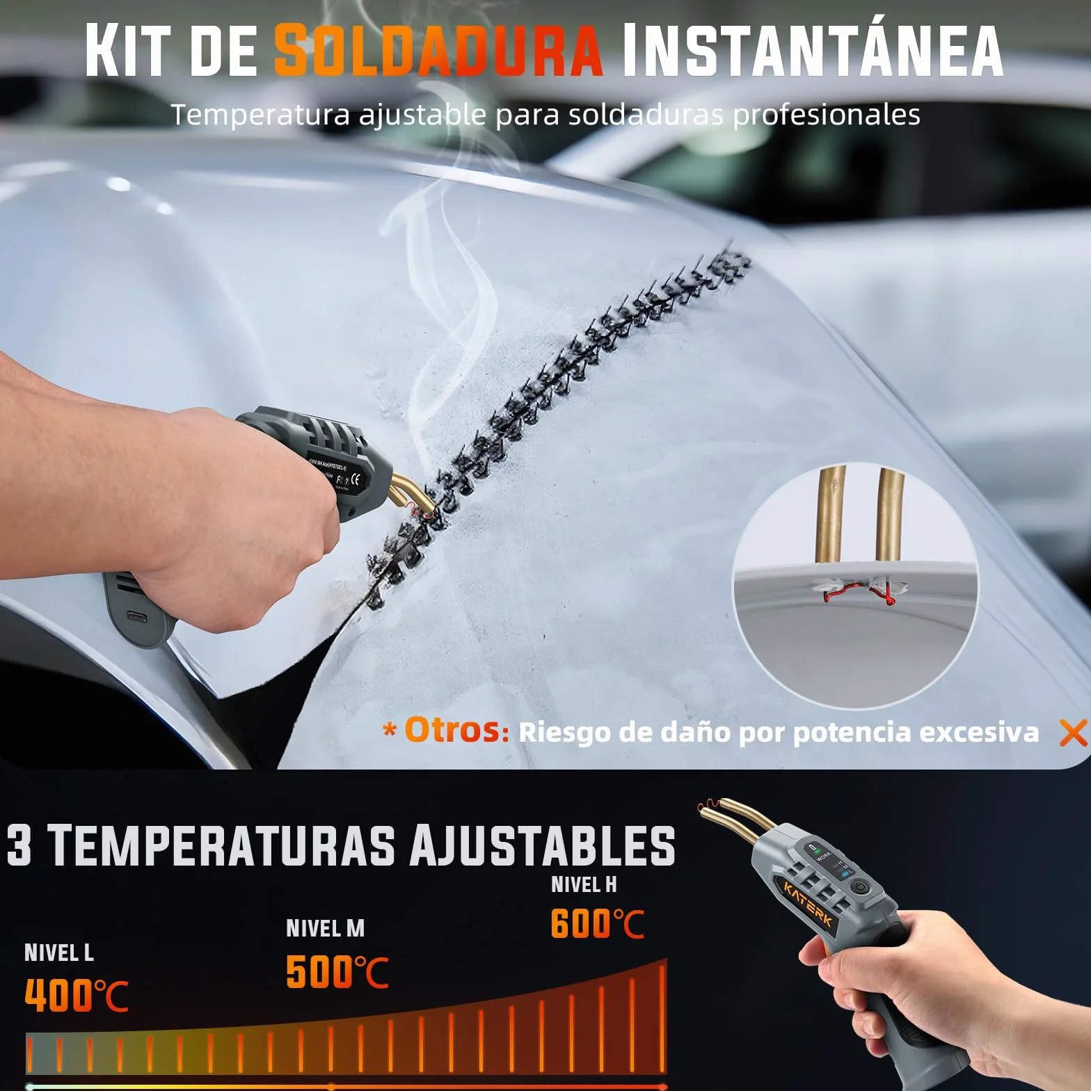 Katerk Soldador de Plástico 2 en 1 Kit,Soldador Laser Portatil con 400pcs Grapas,Varillas, Herramientas de Suavización,Pistola Soldar Plastico para Réparer les Pare-Chocs de Voiture et d'Autres Pièces