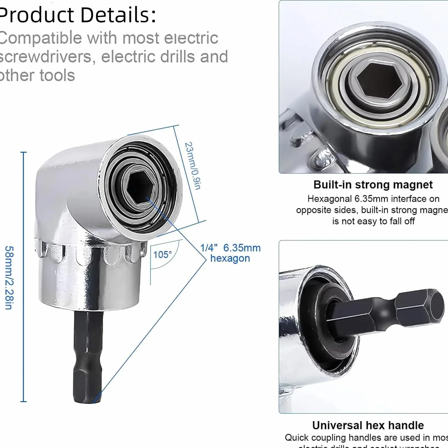 Adaptador de Destornillador Angular, Adaptador de Taladro de 105 Grados, Ángulo Recto Taladro Socket Brocas,Adaptadores de Broca Cardán,Extensor Flexible,Accesorios Taladro,1/4", 3/8", 1/2"