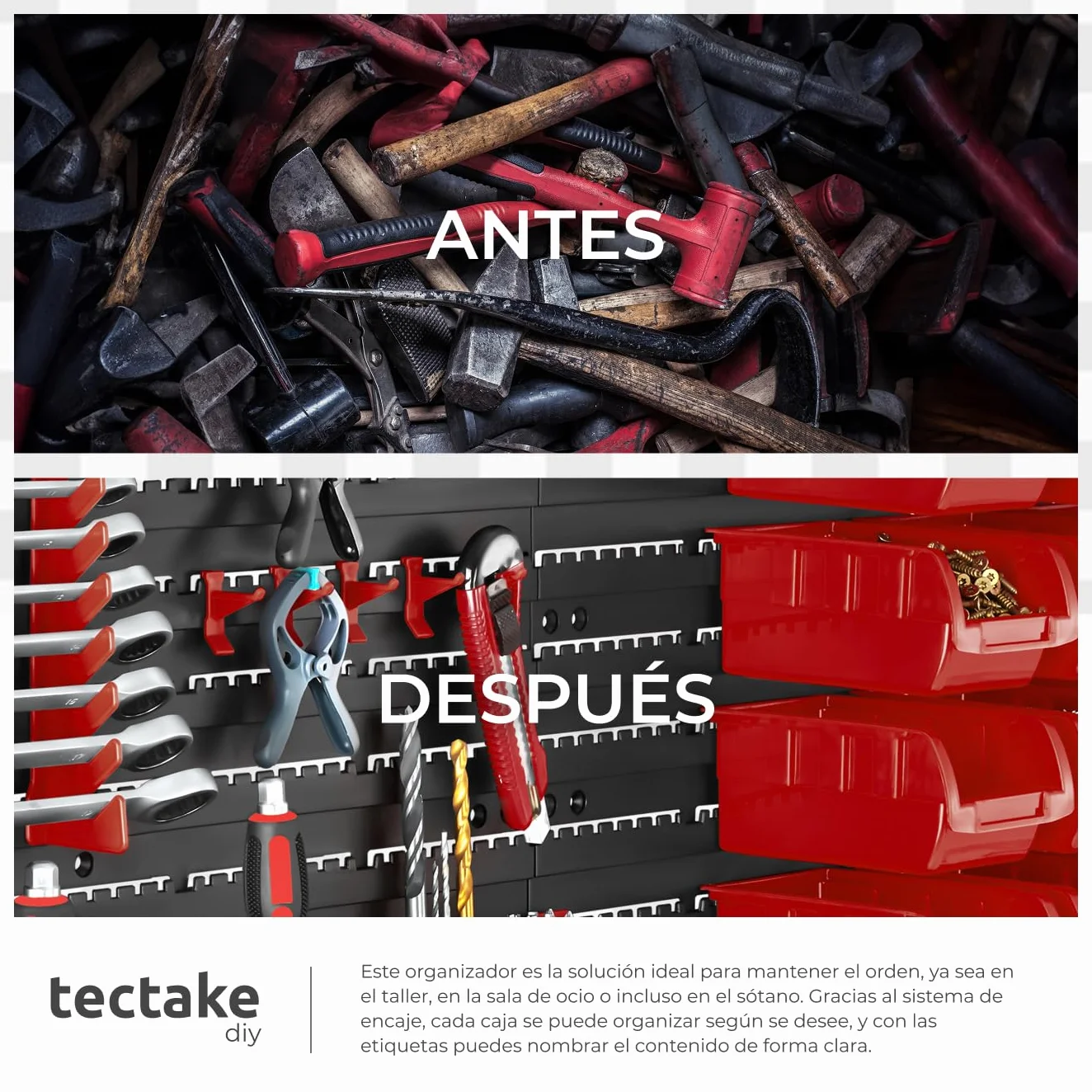 tectake® Organizador de Herramientas con Panel Herramientas Pared y Organizador de Tornillos para Taller Bricolaje, Estantería con Cajas para Tornillos - 1 Estantería