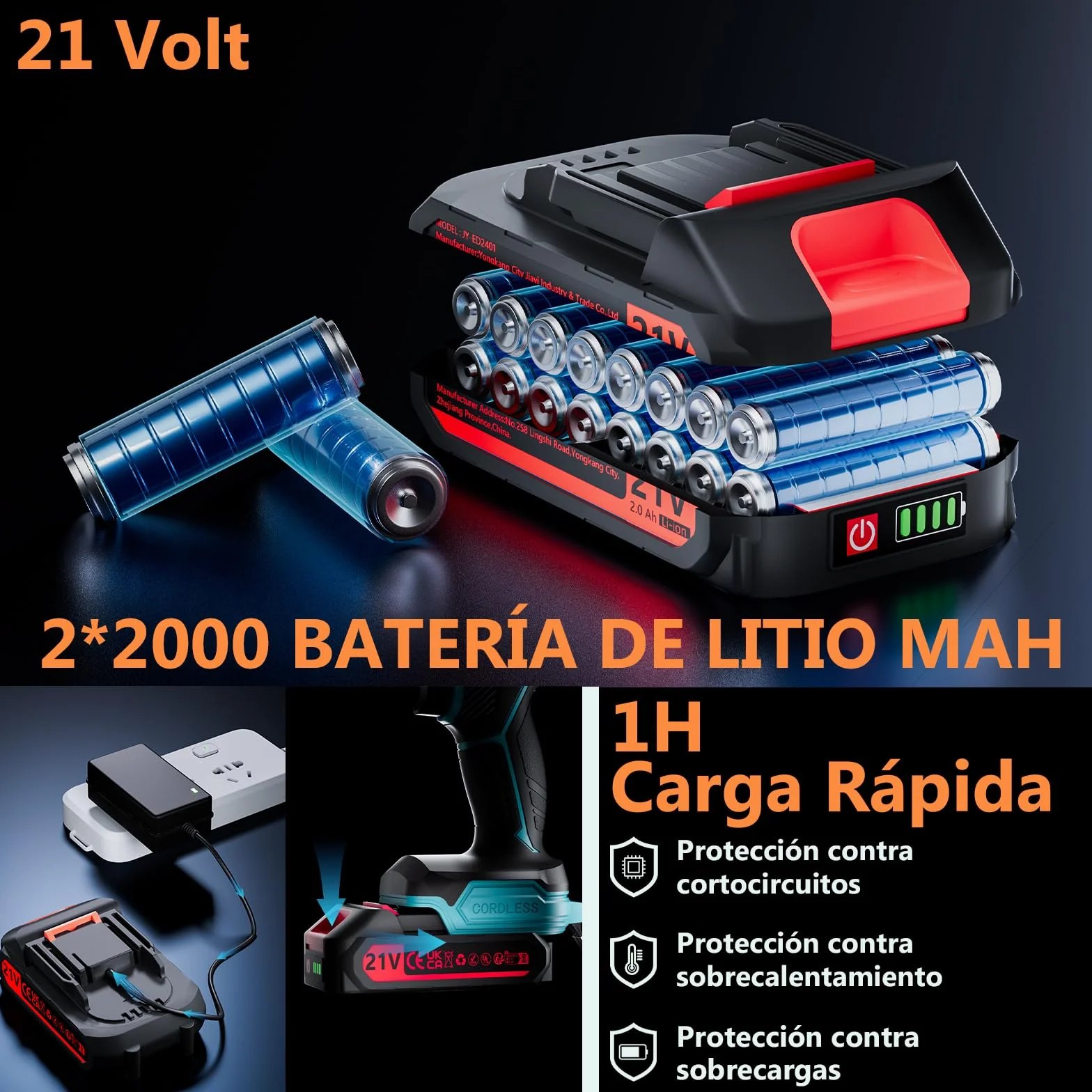 Taladro Percutor a Bateria 21V, Taladro Atornillador Bateria con 4000mAh Baterías, 45 Nm, 25+3 Ajuste Par (2 Velocidad y LED) Drill Adecuado para bricolaje en casa y jardín (Azul)