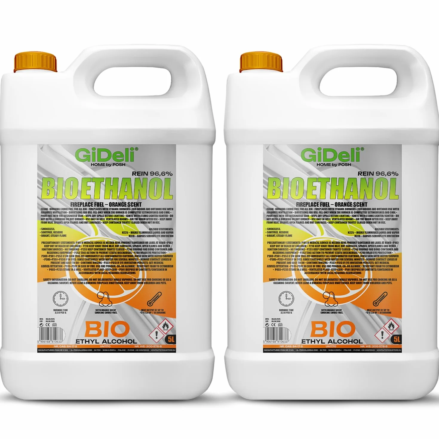 GiDeli Bioetanol - 2 x 5 l de aroma a naranja 96,6% etanol para chimeneas interiores y exteriores, sin humo ni hollín, de maíz y remolacha azucarera