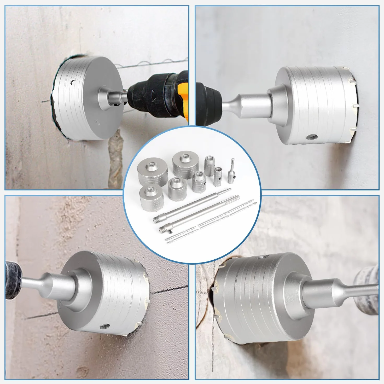 EXLECO 16 pcs Sierra Corona Set Broca para Muro de Hormigón Taladro Hueco Broca Sierra, 7 corona hormigon 30 40 50 65 80 100 110mm mit 100/300mm SDS Plus & SDS Max 6 Taladro Centrado, Brocas Hormigón
