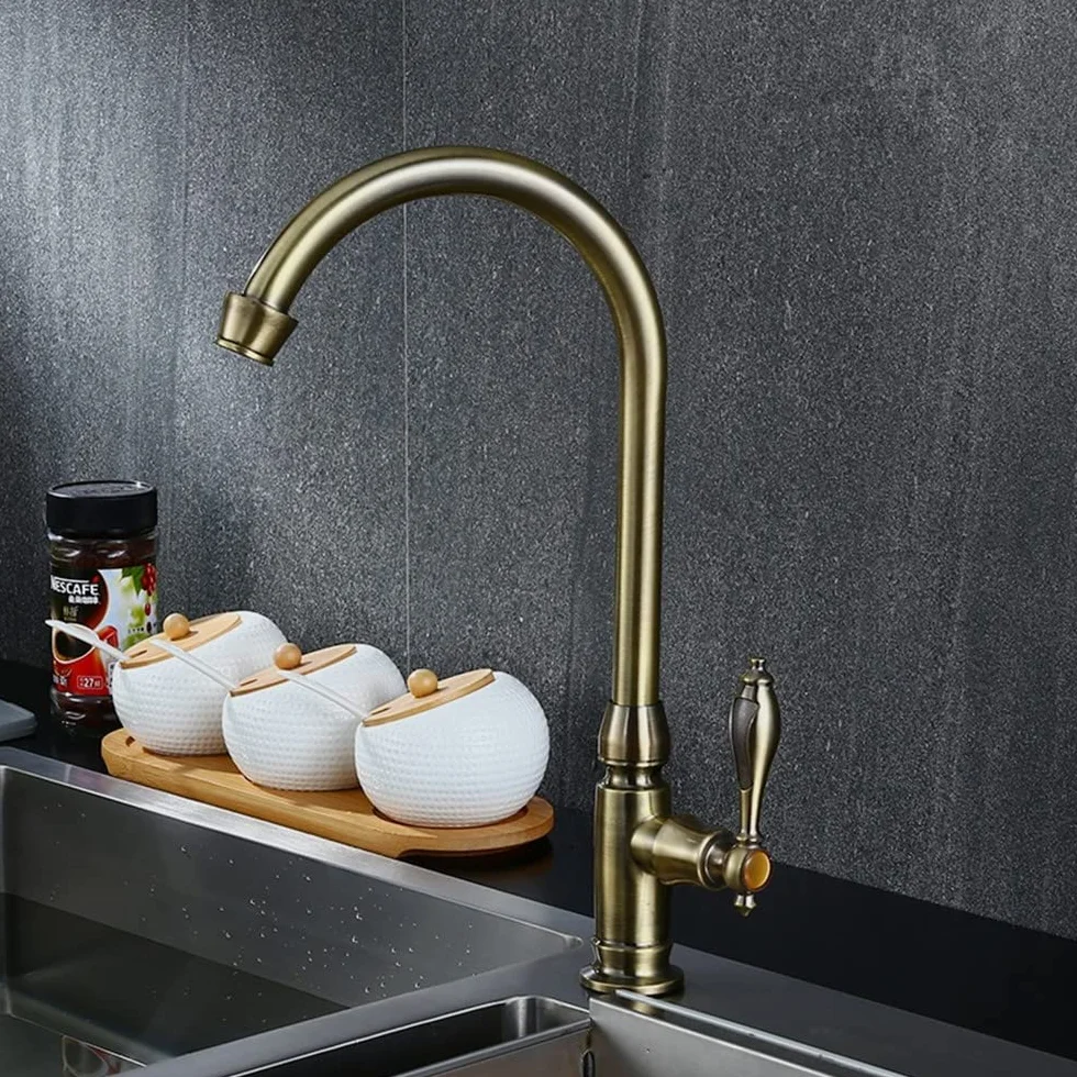 QIYOU Grifo de cocina retro de latón, giratorio 360, marrón naranja, manguera de latón de 12 pulgadas y cartucho de cerámica, grifo de fregadero de baño