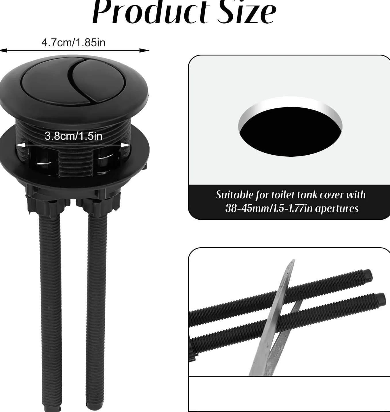 Botón Descarga Inodoro Repuesto 38mm, Pulsador Doble Descarga Ajustable para Abertura 38-45mm Tanque Universal Pieza de Reparación para Baño del Hogar (Negro)