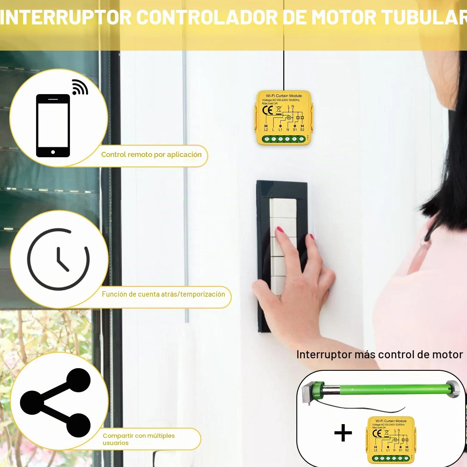 Juego de 4 módulos de interruptores inteligentes WiFi para persianas enrollables con ajuste de tiempo de funcionamiento para cortinas, persianas y toldos, compatible con Google Home/Smart Life/Tuya