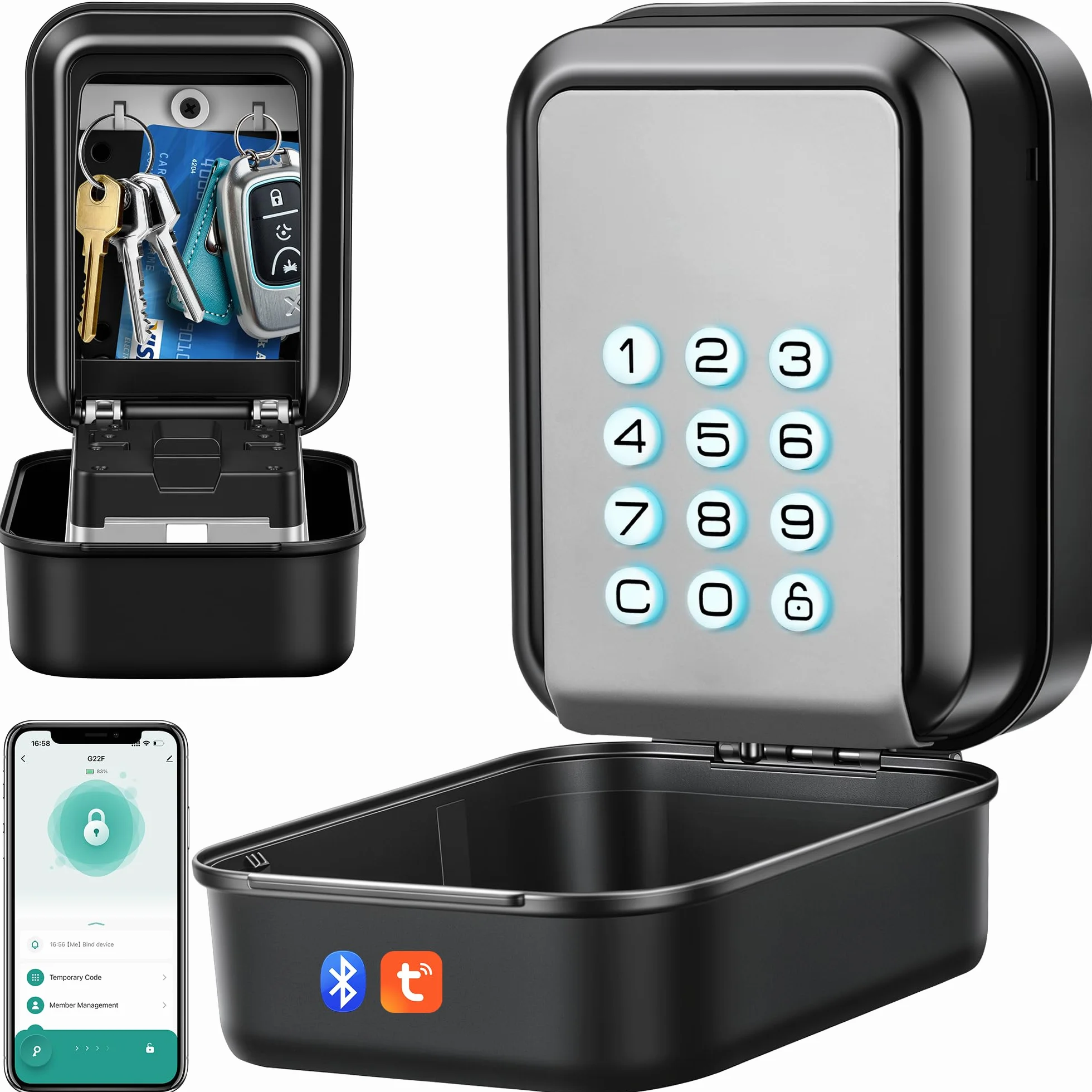 Smart Caja de Seguridad para Llaves Grande con Código Retroiluminada Bluetooth y Pin, Compatible con Tuya, Gris