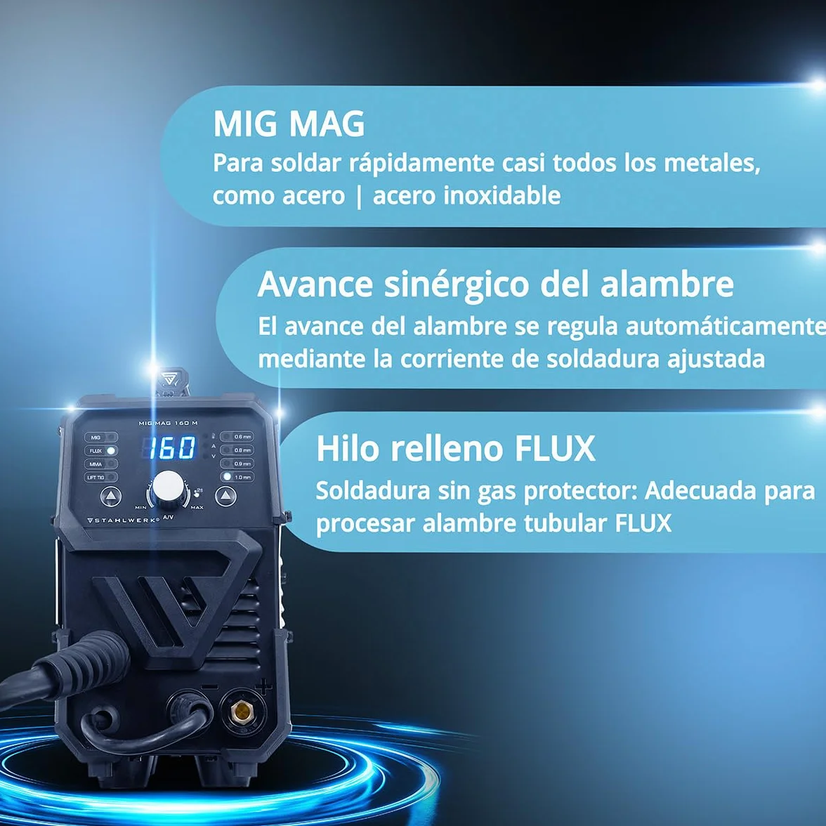 STAHLWERK Soldadora MIG/MAG 200 ST – Máquina de soldar Inverter con 200 A, equipo de gas protector con avance de hilo sinérgico, apto para FLUX (hilo hueco), funcional para Lift-TIG & MMA/Electrodo