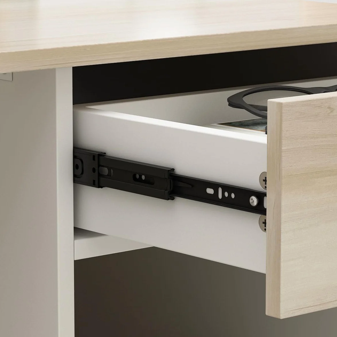 Mesa de recepción con compartimentos abiertos, 1 cajón y 1 armario, color madera y blanco, 140x60