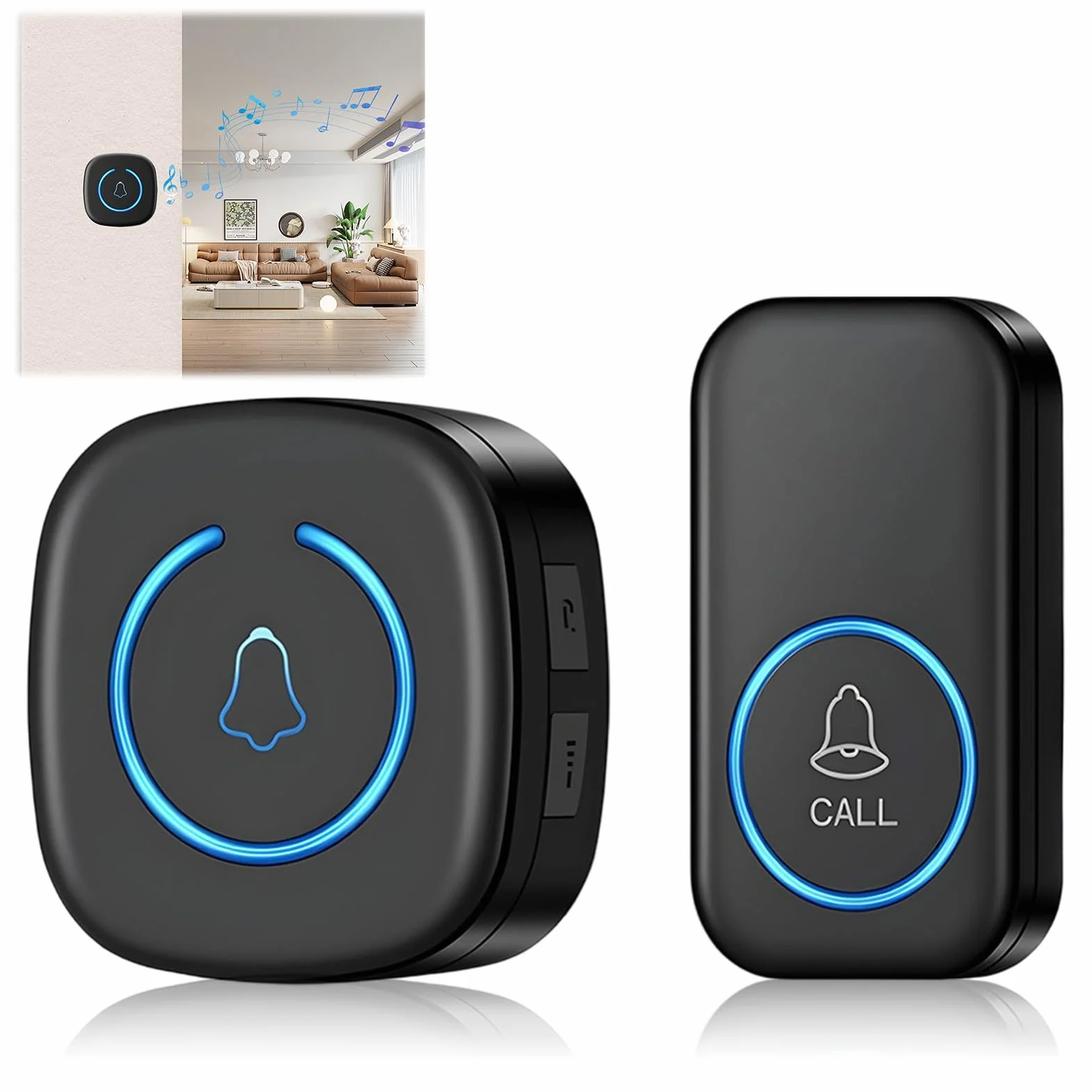 Timbre Inalámbrico Exterior Impermeable 60 Melodías 5 Niveles Volumen Kit Doorbell 1 Receptor 1 Botón LED 300m Alcance Negro