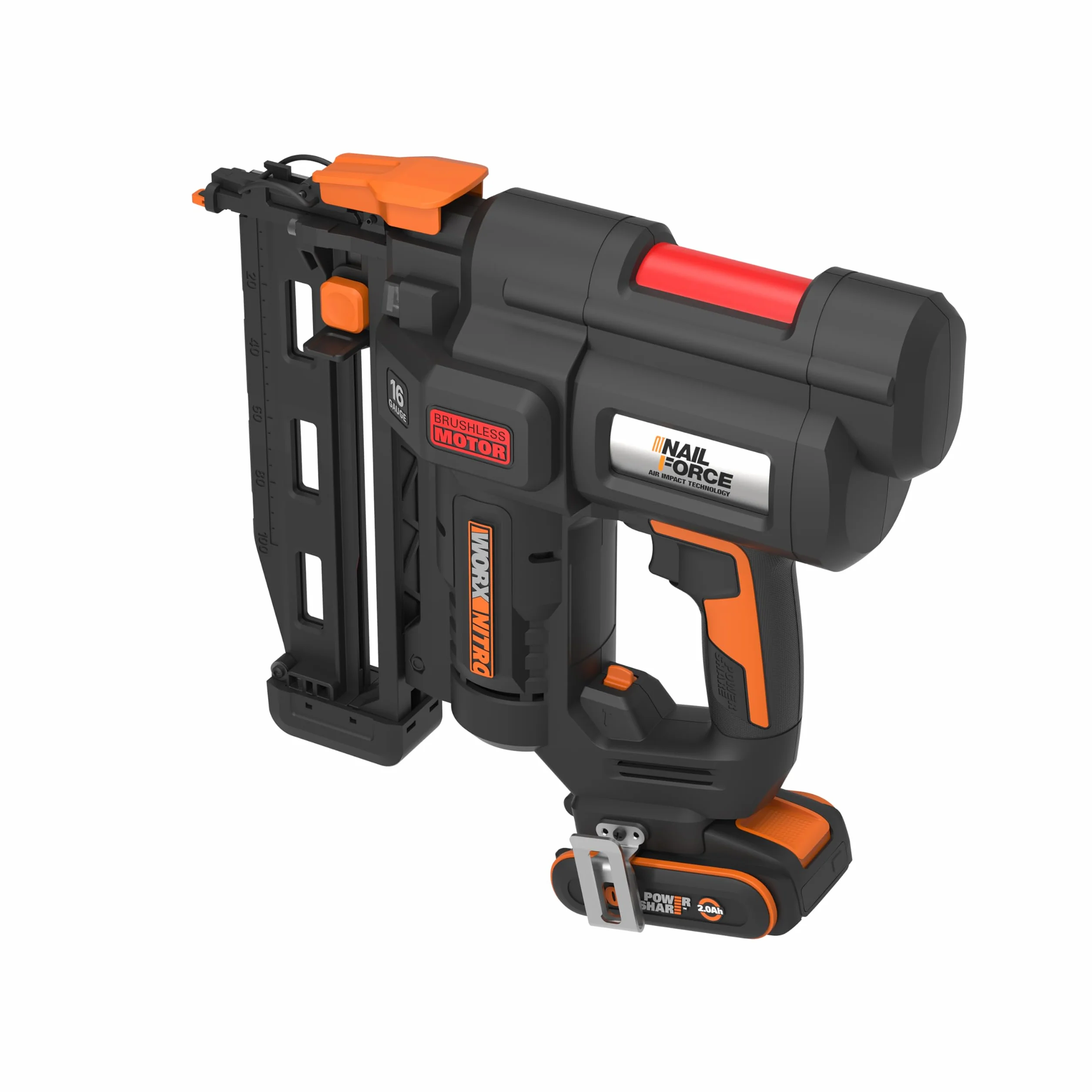 WORX WX841 Nitro – Clavadora eléctrica inalámbrica 20 V – 2 Ah – Tire hasta 80 clavos por minuto – Hasta 64 mm en la madera – Desbloqueo sin herramientas – (incluye batería y cargador| 200 clavos