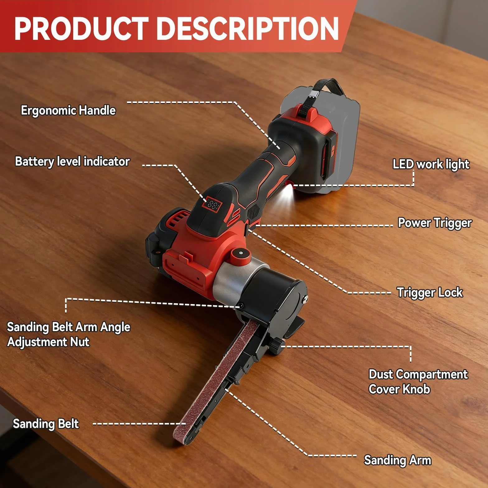 Lijadora de banda inalámbrica compatible con Milwaukee 18V, 13000 RPM 360° sin escobillas Mini Lijadora Inalámbrica Eléctrica con Velocidad Variable, 20 tiras abrasivas para Lijar