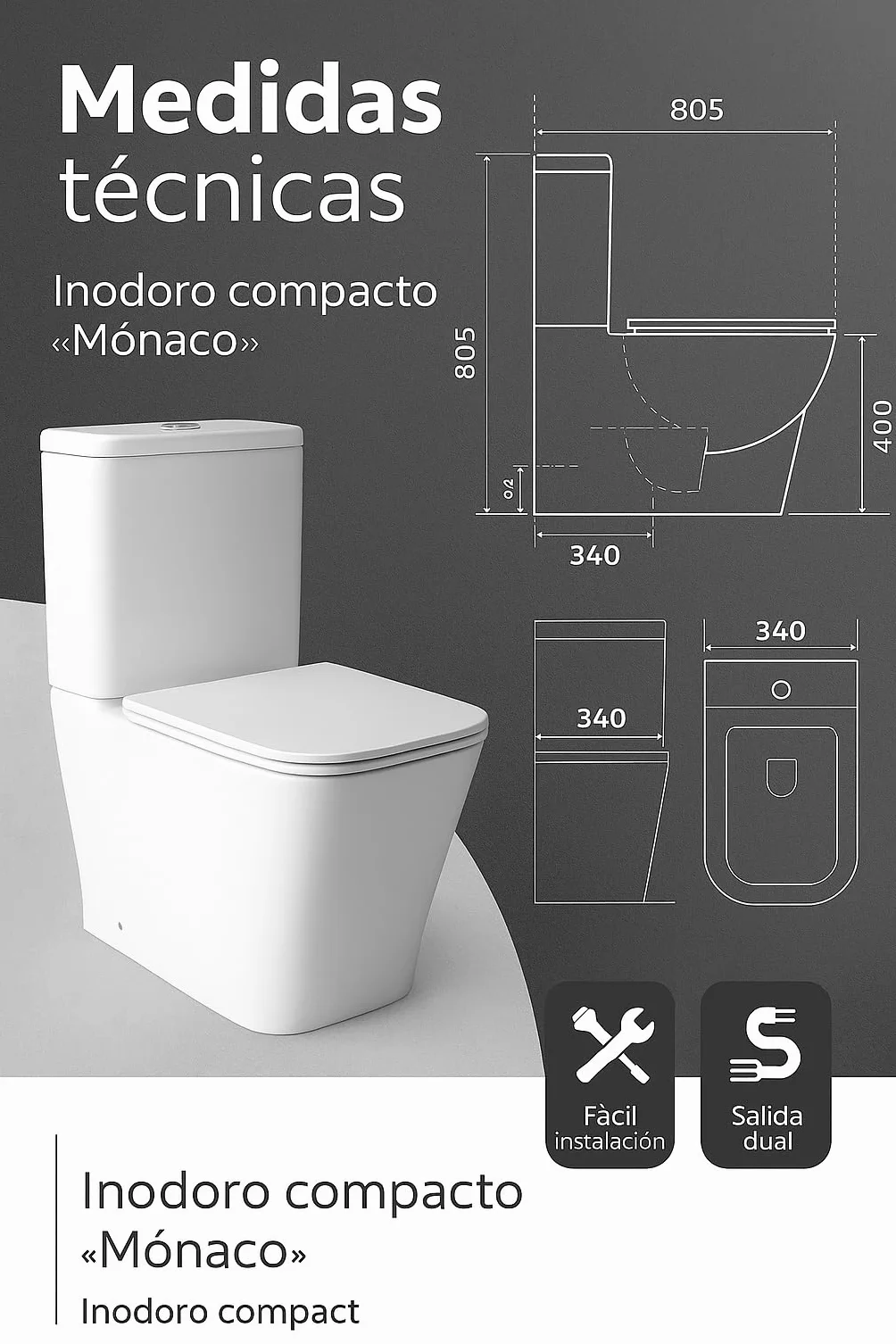 Novo bath - Inodoro Compacto Rimless Serie Mónaco – Estilo Tipo The Gap, Doble Descarga 3/6L, Salida Dual, Asiento UF Soft Close, Cisterna Incluida, Esmalte Antibacterias, Pegado a Pared