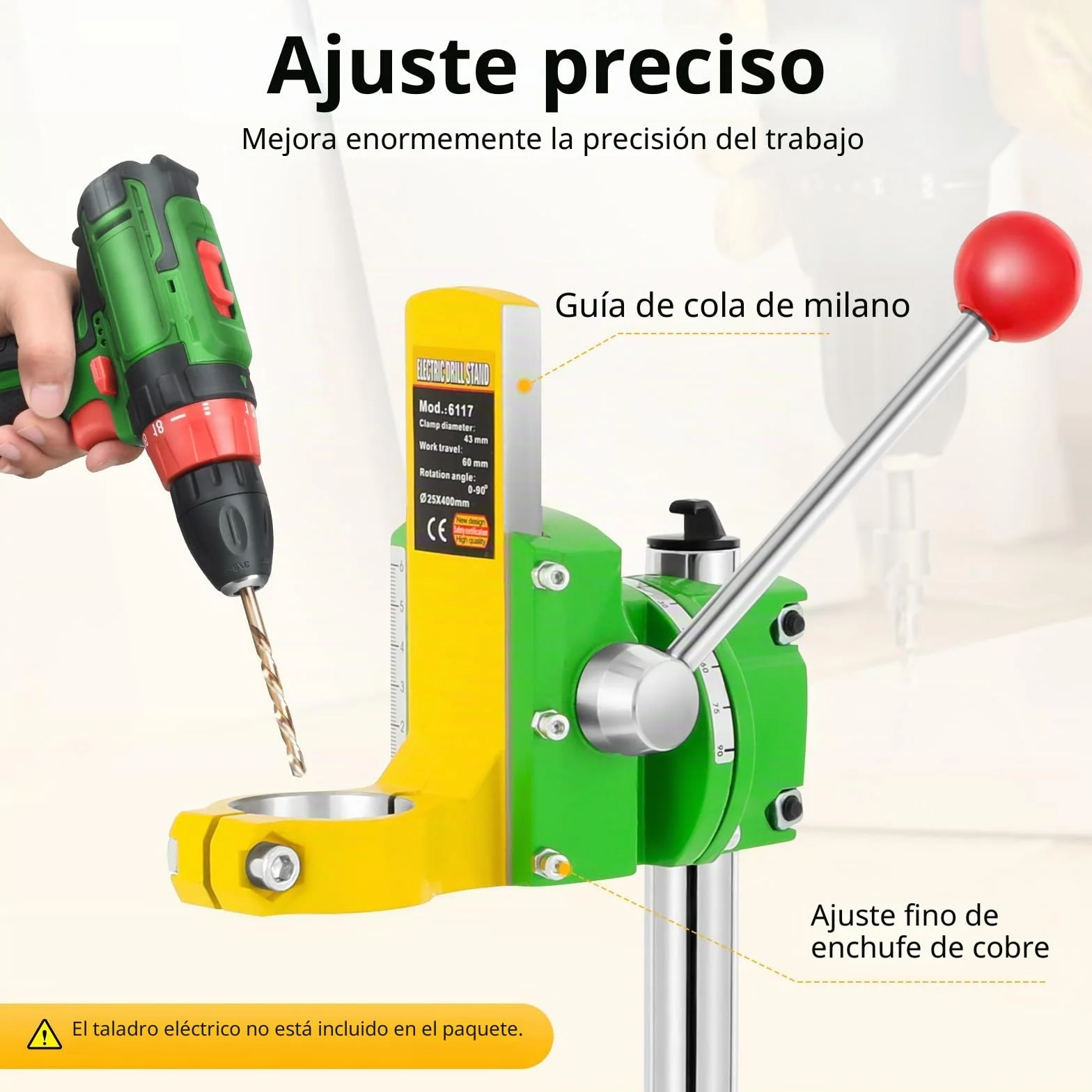 Soporte de perforación giratorio de 90° para taladradora - Banco de trabajo multifuncional con diámetro de collar de 38-43 mm | Incluye 3 cabezas de plástico (diámetro interior: 38-42 mm, 40 mm, 27 mm