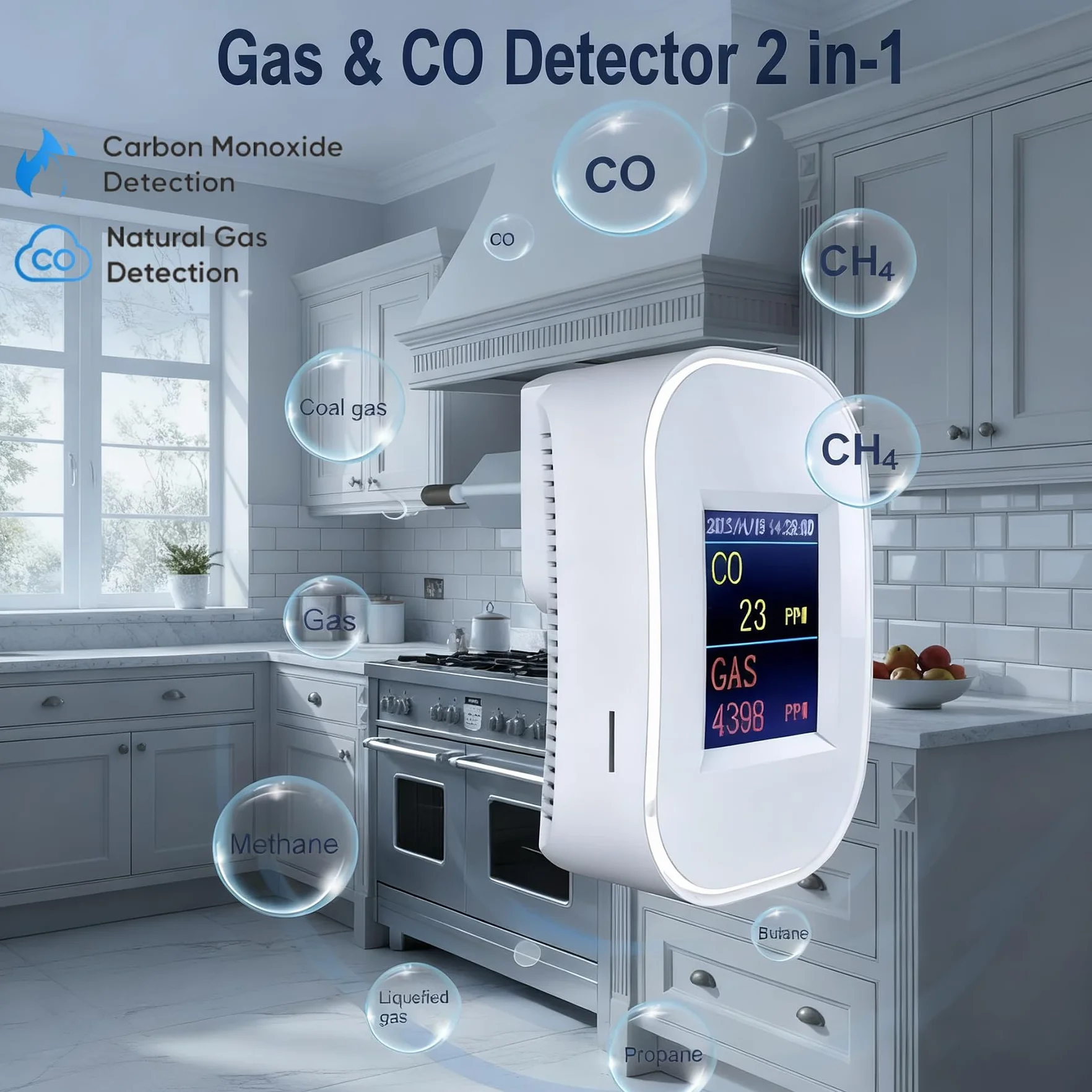 Detector de Gas y Monóxido de Carbono WiFi con Enchufe, Pantalla LED, App Tuya/Smart Life, EN50291 & EN50194
