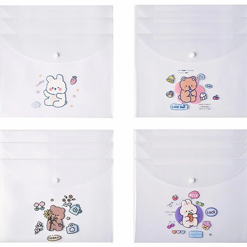 12 Uds A4 Carteras De Plástico para Documentos Sobres Lindos Dibujos Animados Popper Carteras Carpetas Transparentes Archivos De Documentos Carteras
