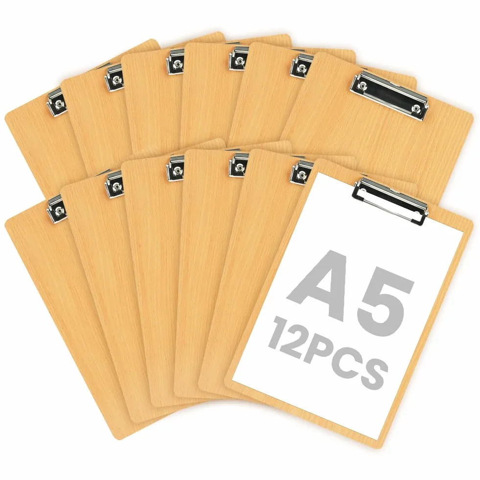OFFCUP A5 Portapapeles de Madera con Pinza, 12 Piezas, Tablero de Escritura con Agujero Colgante