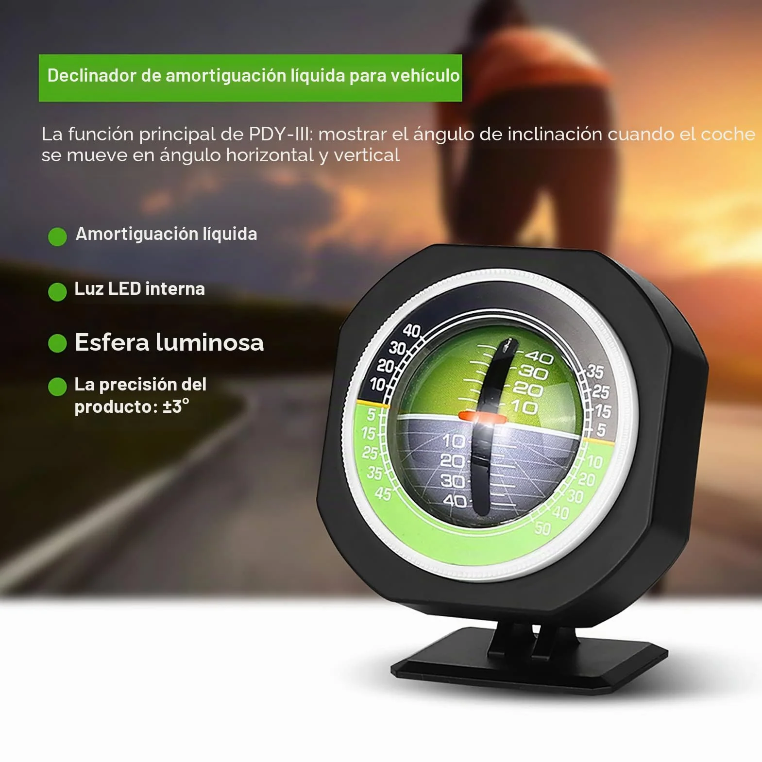 AUTO Inclinómetro de ángulo de equilibrador de ángulo de coche con luz LED exterior Inclinómetro, inclinómetro de ángulo de inclinación luminoso de 8 x 5,2 3,7 cm para la conducción