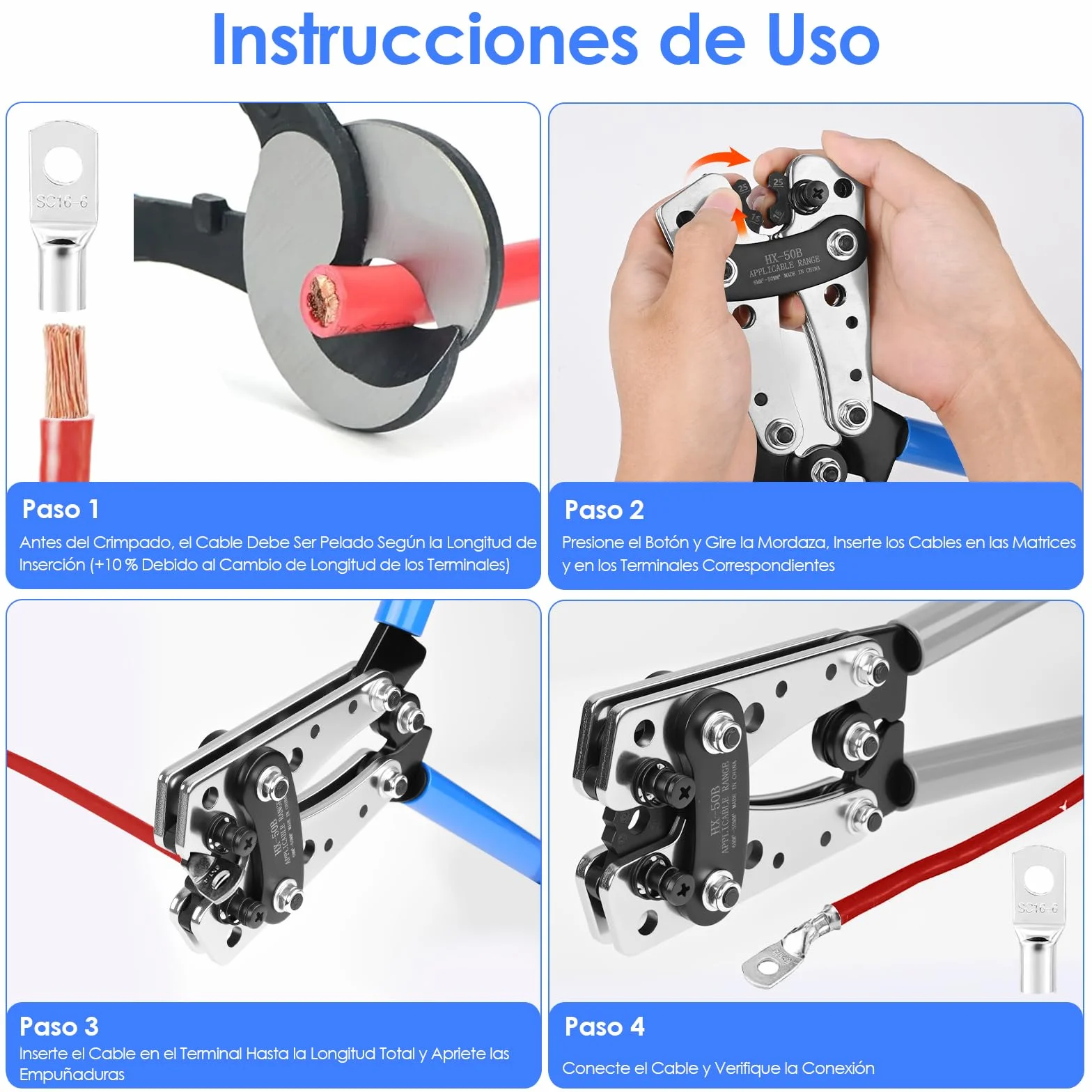 ZWOOS Crimpadora Terminales Electricos AWG 10-0, Anillo de Cobre de Batería de 6/10/16/25/35/50 mm² Crimpadora Resistente para Prensa Terminales de Cable (HX50b)