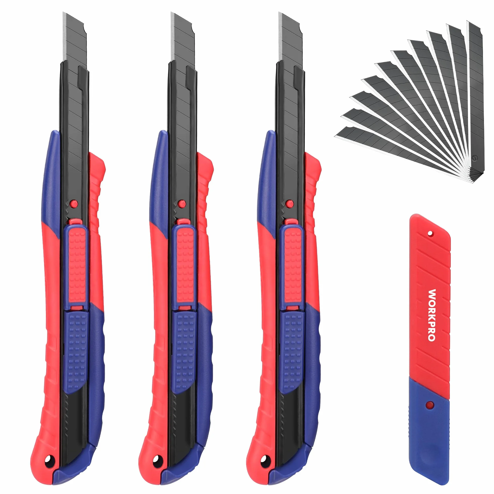 WORKPRO 3-Piezas Cúter de Cuchillas Profesional de 9mm, 2-en-1 Cutter con 10 SK5 Hojas de Recambio, Guía de Acero Inoxidable, Cutter de Cuchillas Separables, para Cortar Papel, Cartón, etc.