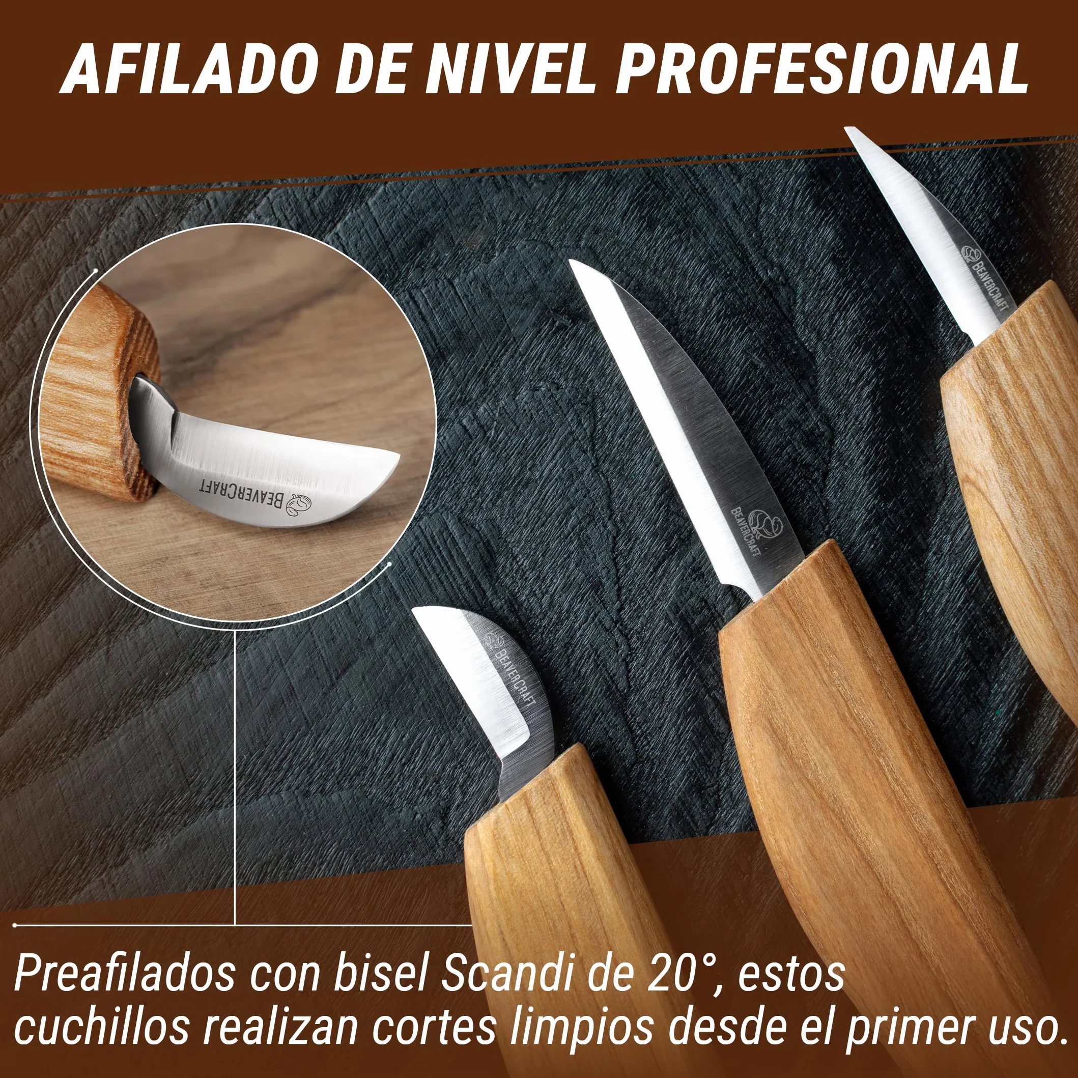 BeaverCraft S15 Kit Cuchillos Tallado Madera – Sloyd Detalle, Correa Cuero, Compuesto Pulido