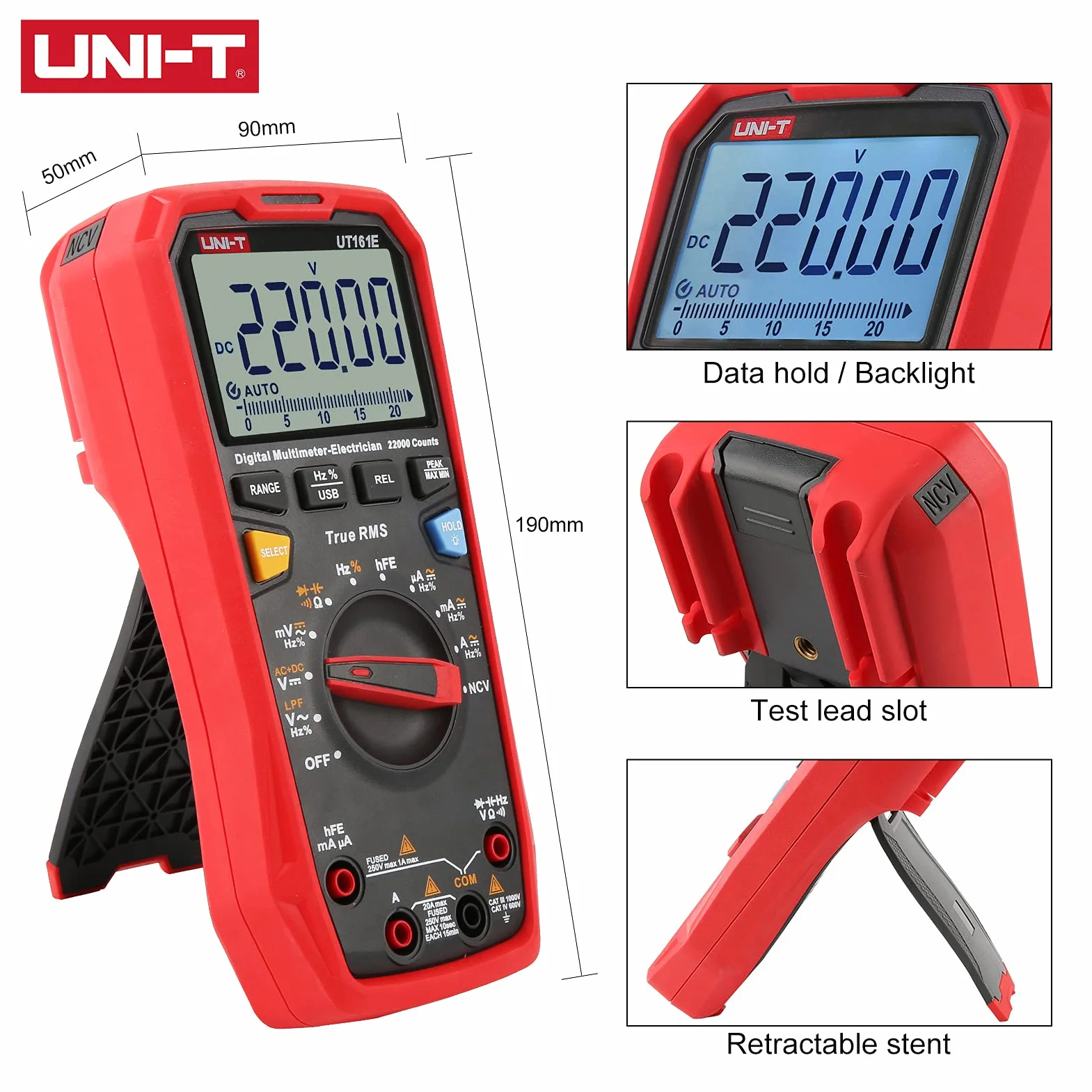 UNI-T UT161E True RMS Multímetro Digital, 1000 V AC/DC, 20A, 220MHz