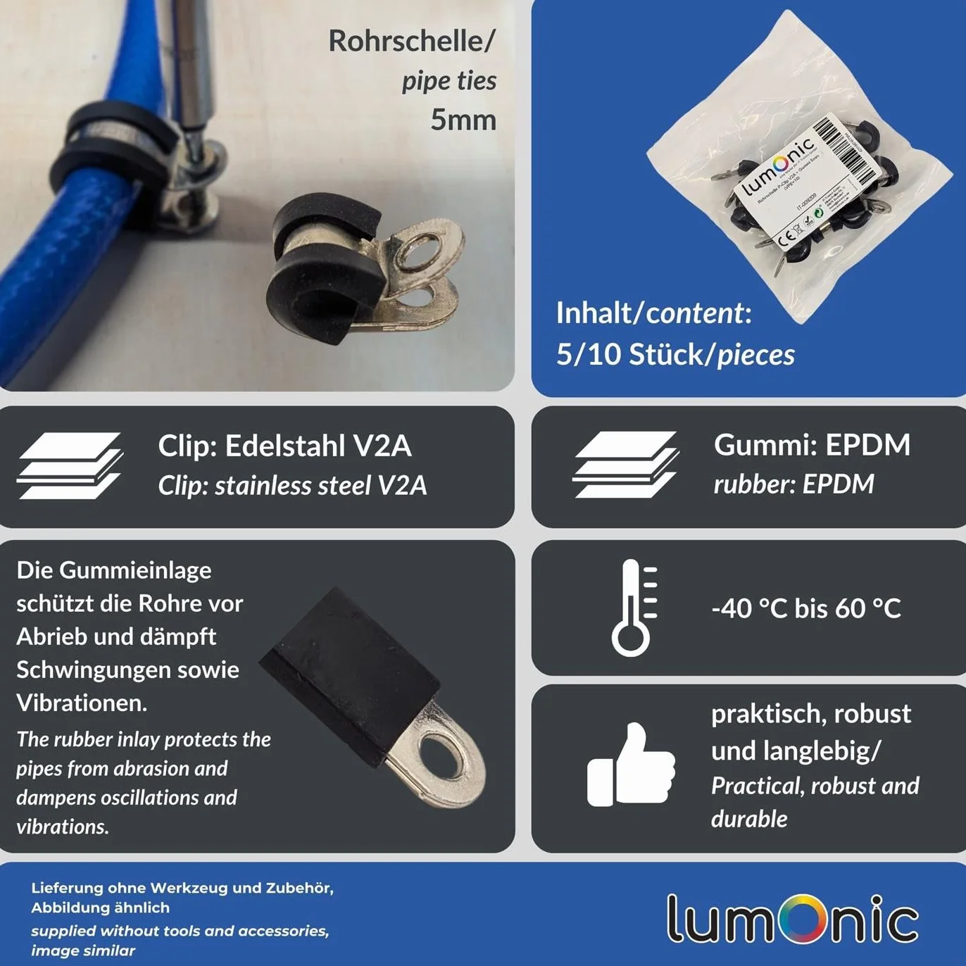 Lumonic 5x 5mm abrazaderas de tubo con inserto de goma acero inoxidable V2A I abrazaderas de cable para atornillar I abrazadera de manguera 5mm, abrazadera de fijación 5mm, soporte de tubo