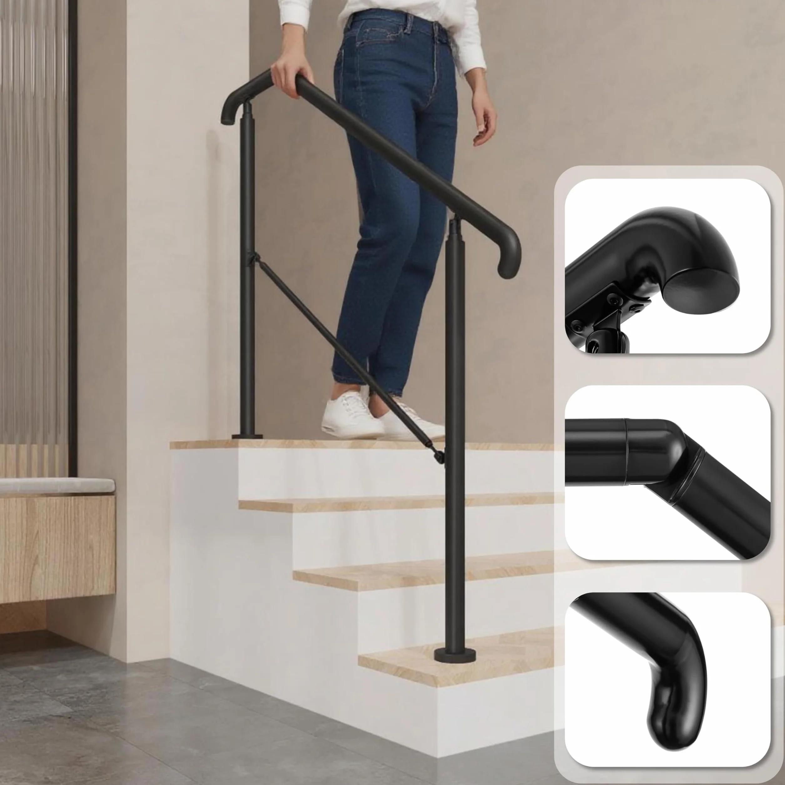 AICA Barandilla de escalera, Barandilla de entrada de acero inoxidable, ángulo de montaje ajustable, Barandilla para entradas, interior y exterior, Negro, 162x102 cm