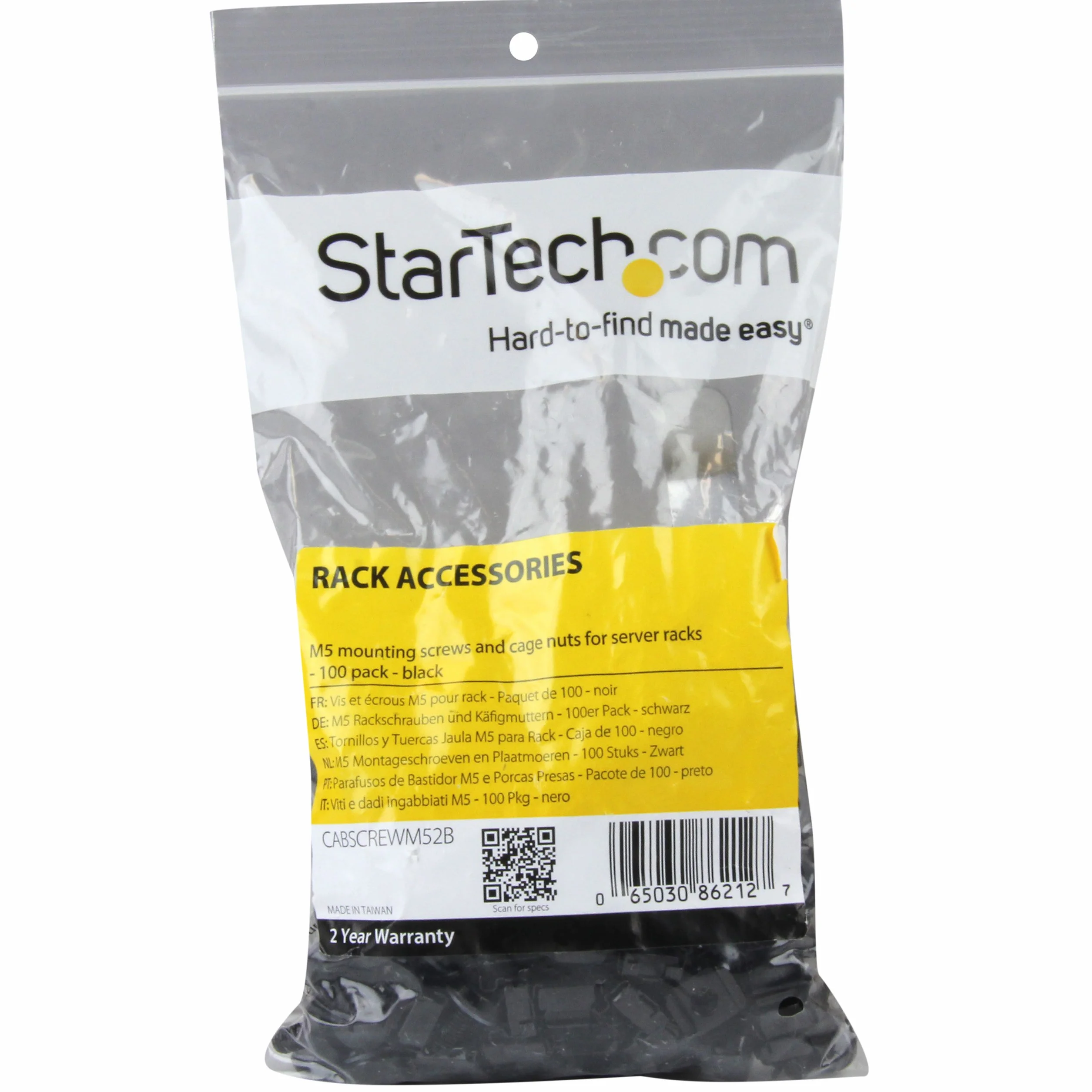 StarTech Paquete de 100 Tornillos M5 12mm, Tuercas de Jaula Cuadradas y Herramienta de Instalación - Kit de Montaje de Hardware para Rack de Servidores 19" o 10", Armarios y Racks - Negro - TAA