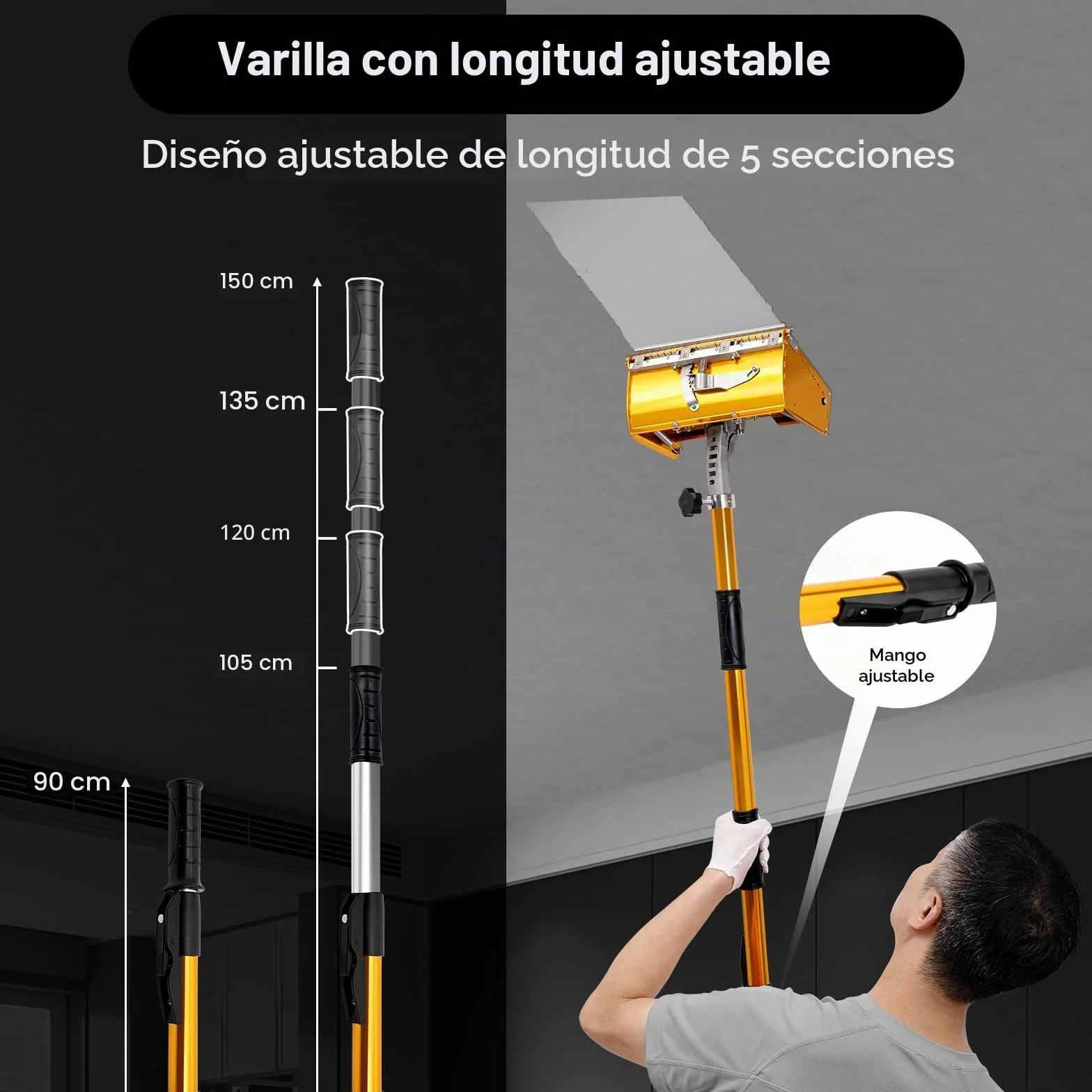 Herramientas de Acabado Planas Para Paneles de Yeso, 10'' Caja de Acabado Plana Profesional con Mango Ajustable de 90 a 150 cm, Ajustable en Polvo de Yeso, Herramienta de Procesamiento de Paneles de