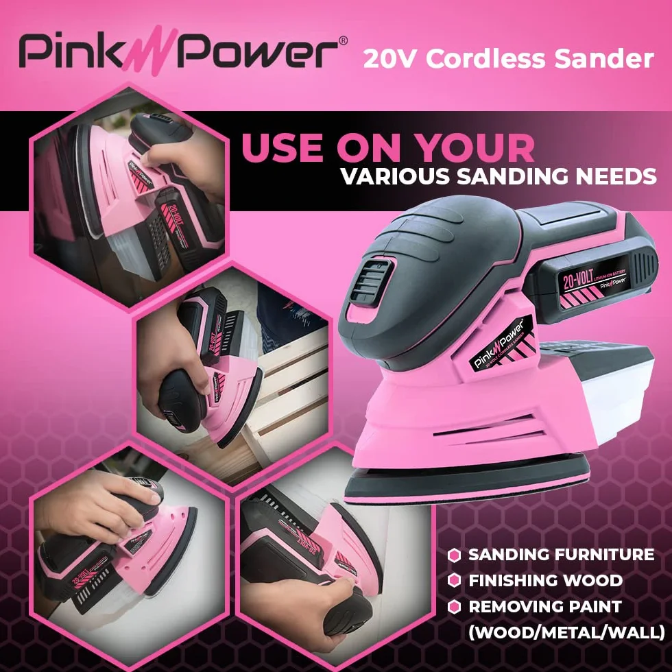 Pink Power Detail Sander - Lijadora de mano eléctrica inalámbrica de 20 V para muebles de madera, mini lijadora de palma con papel de lija, batería de iones de litio y cargador, pequeña lijadora de