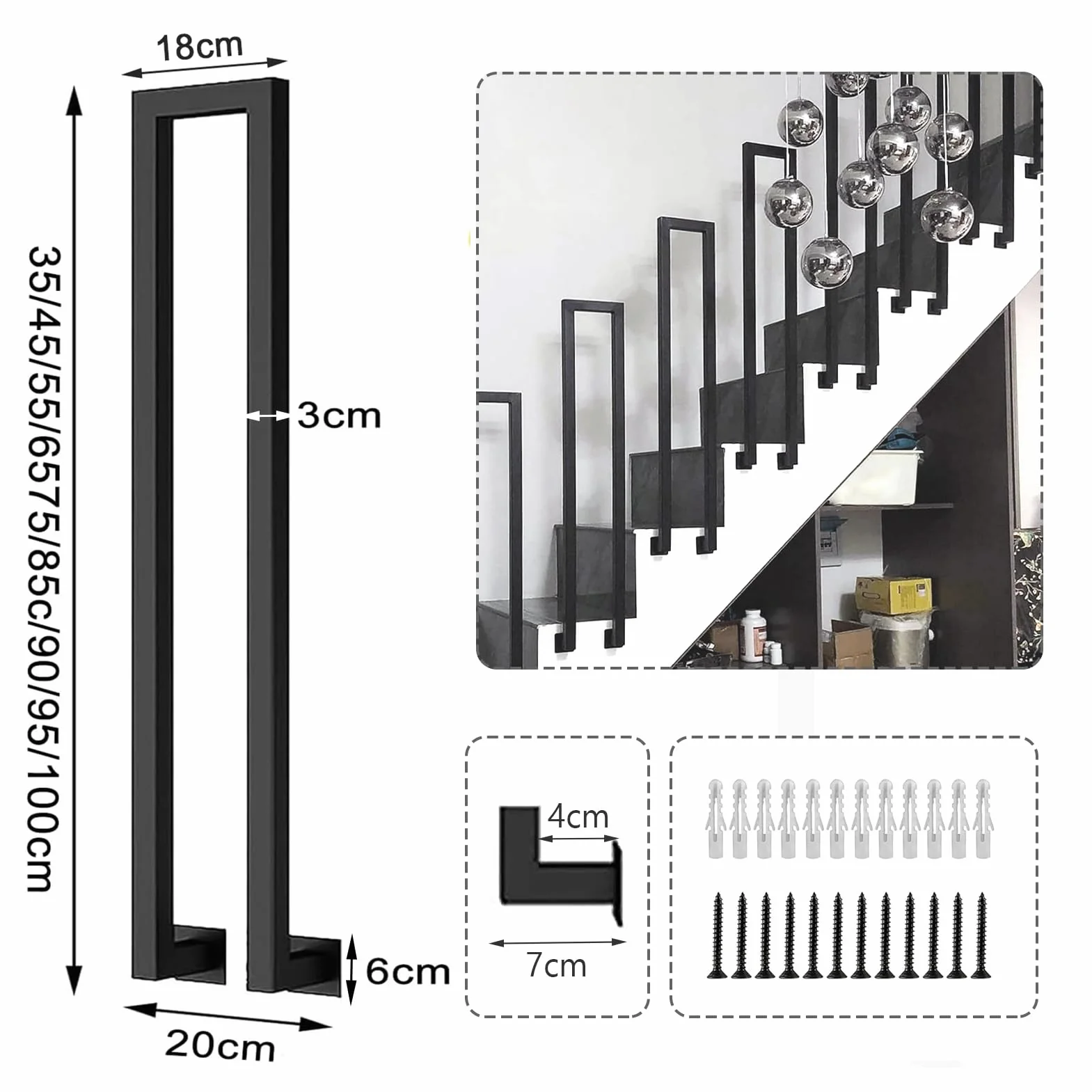 Barandilla Escalera Metal, Pasamanos Escalera Interior Exterior en Forma de U, Barandillas Escaleras U con Juego de Tornillos, para Villa ático Porche Pasillo Balcón (95cm, Negro-Lateral)