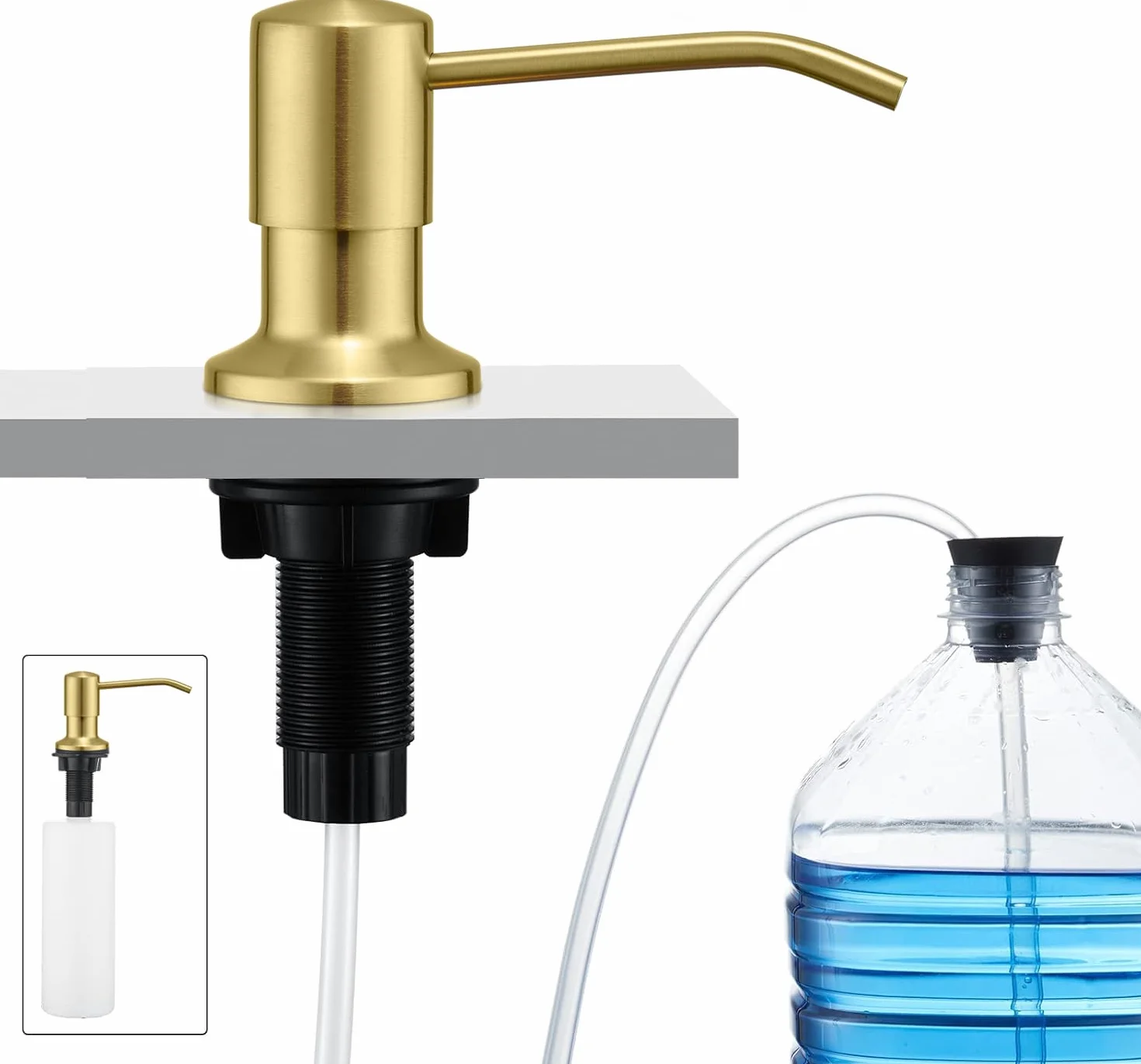 CREA Fregaderos de cocina con dispensador de jabón integrado, acero inoxidable, montaje encimera, botella 500 ml, manguera 1 m