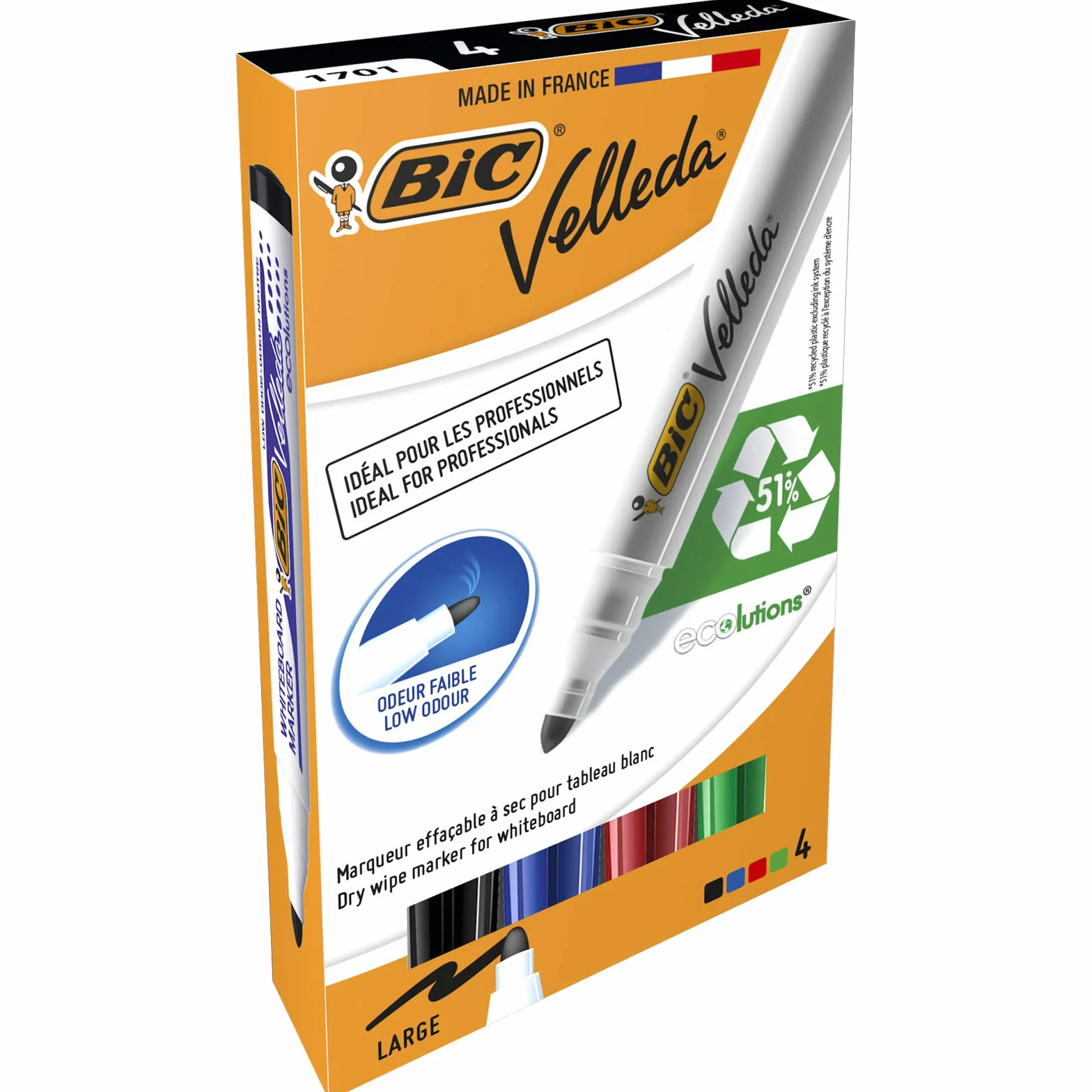 BIC Velleda 1701 Ecolutions Rotuladores de Pizarra Punta Media Colores Surtidos Blíster 4 Unidades