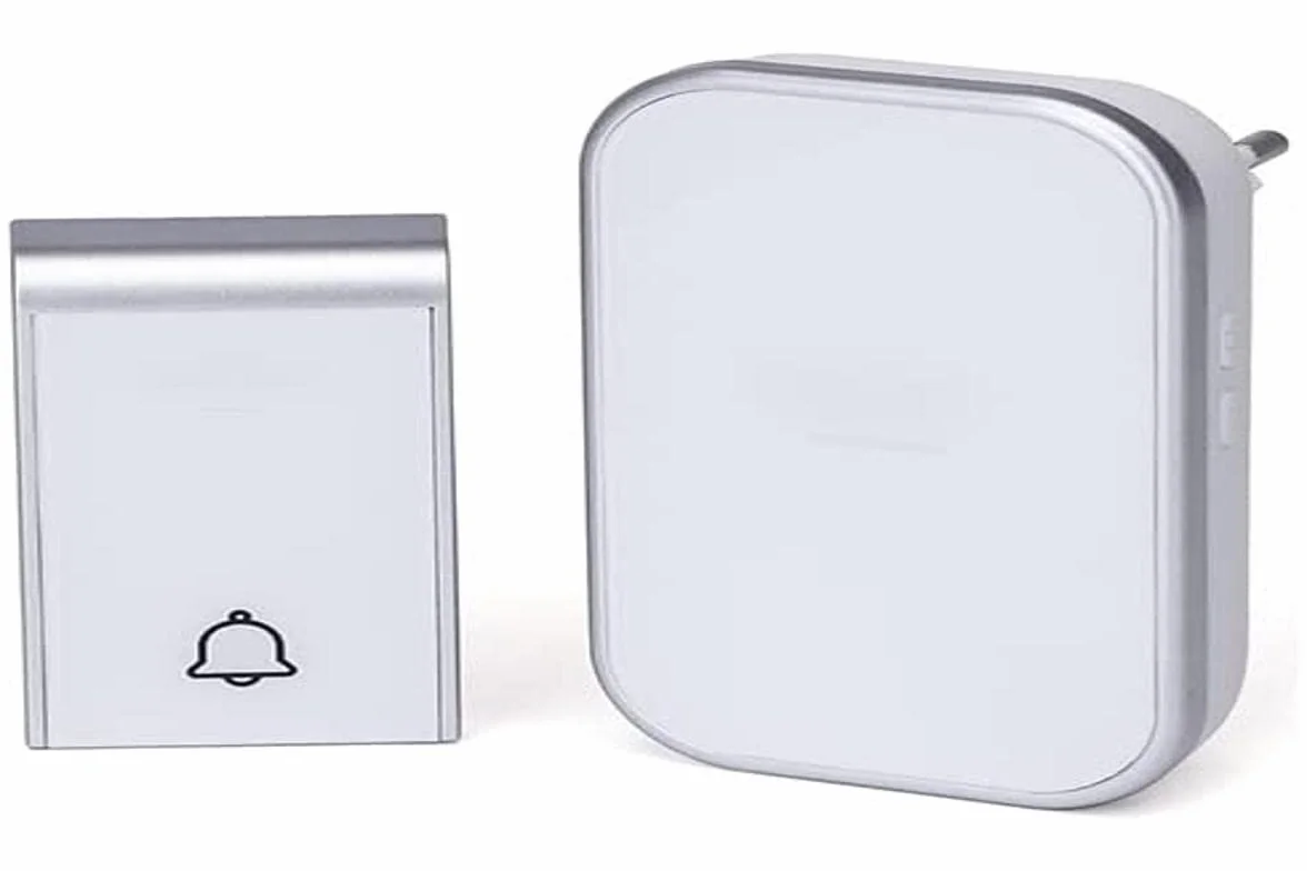 Timbre inalámbrico CA blanco y plateado, timbre autoalimentado de puerta, timbre exterior inalámbrico impermeable, timbre de 36 melodías, 3 niveles volumen, 1 unidad