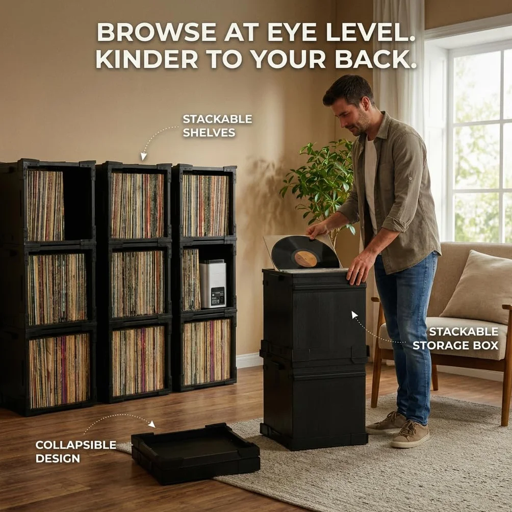 HumminGuru FlexiCube Caja para Guardar Discos de Vinilo Organizador Apilable 12 Pulgadas 70 LP Estante Modular Plegable (3 cubos)
