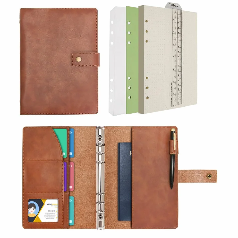 Cuaderno recargable en espiral A5 de cuero real Wonderpool - Papel de cuadrícula de puntos y bolsillos interiores