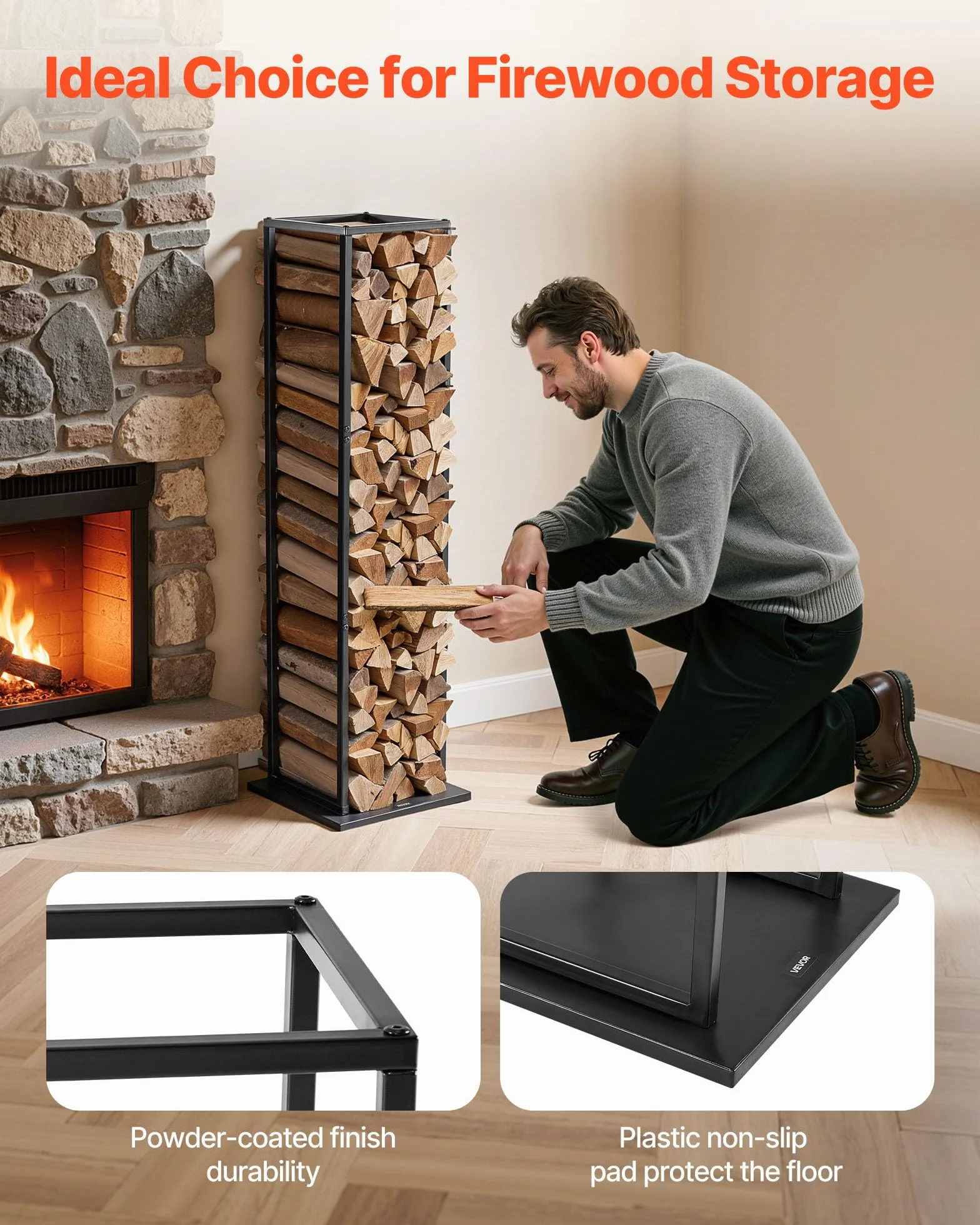 VEVOR Estante de Leña 33 x 32 x 112 cm Soporte de Metal para Leñas Carga de 45,4 kg Leñero de Acero con Recubrimiento en Polvo Resistente para Chimenea, para Interiores, Salas de Estar, Negro