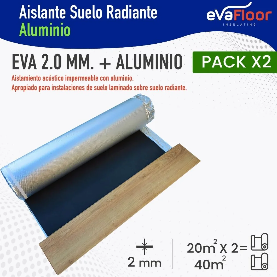 Pack 2 Aislante Suelo Laminado Radiante Aluminio 1x20 metros | Base Aislante Suelo Laminado | Fabricado con Base de Eva 2mm + Lámina Aluminio | Incluye Adhesivo