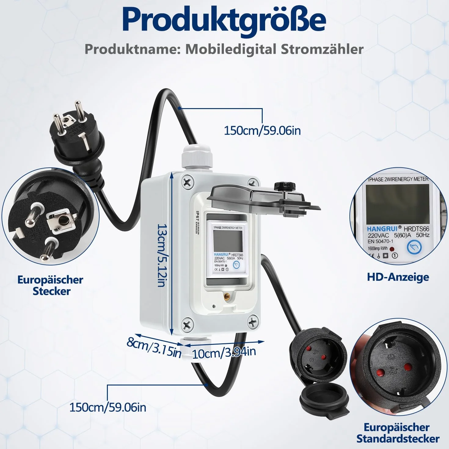 Contador de electricidad móvil de 230 V, IP67, con 2 cables de 1,5 m | Pantalla LCD con función de memoria y botón de reinicio para medición móvil