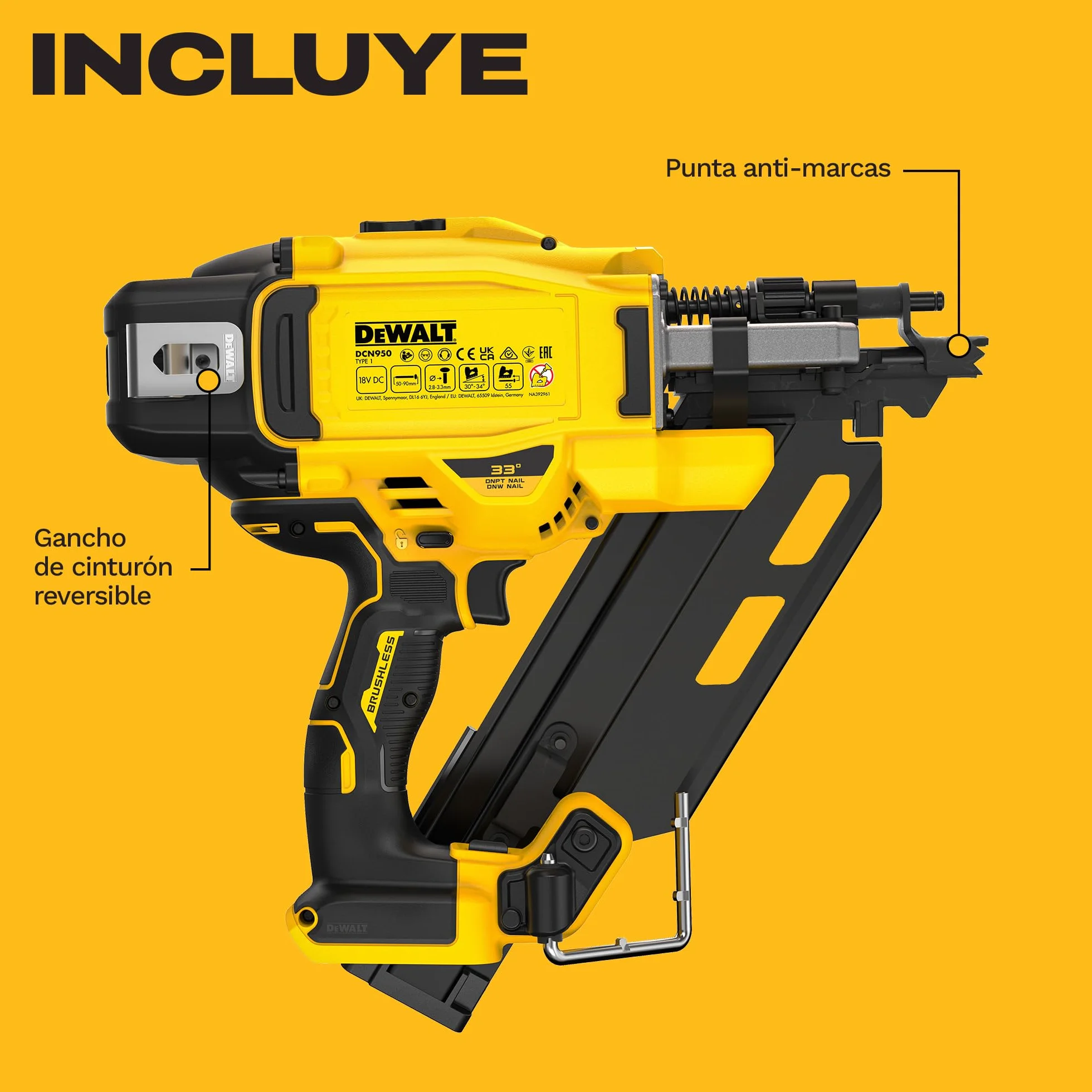 DEWALT 18V XR Clavadora de Estructuras Brushless de Nueva Generación, Solo herramienta, DCN950N-XJ