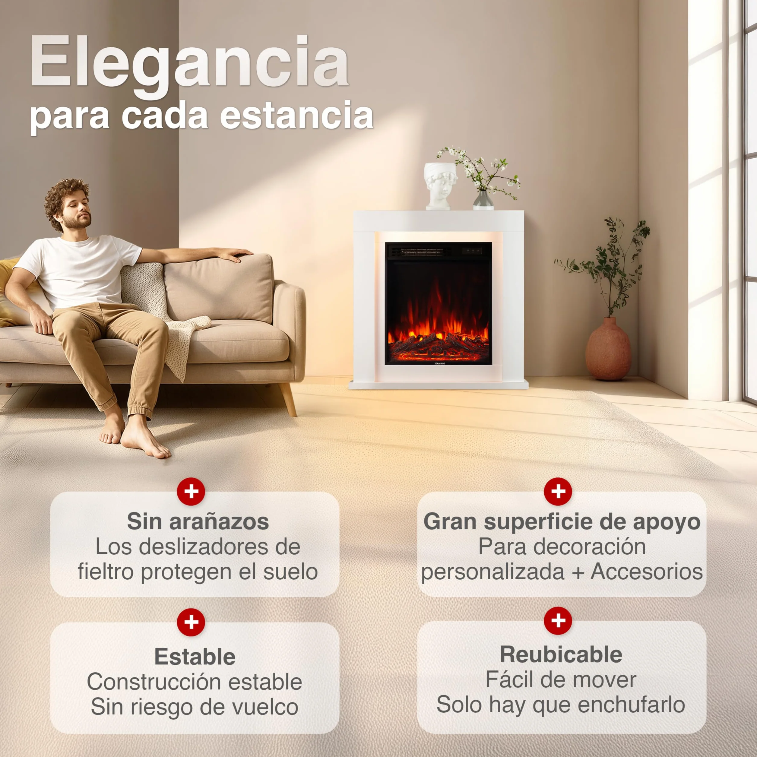 KAMINIO Chimenea eléctrica Matti - Chimenea eléctrica de pie con calefacción, Efecto de Llama 3D, Luz Ambiental LED, Control Remoto - 32 Pulgadas (Blanco)
