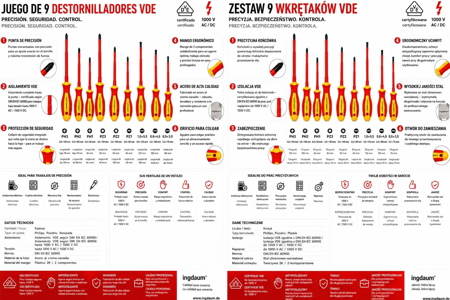 Juego de Destornilladores VDE 9 Piezas | Plano, Phillips (PH) y Pozidriv (PZ), Aislados hasta 1000 V, Certificación GS según IEC 60900
