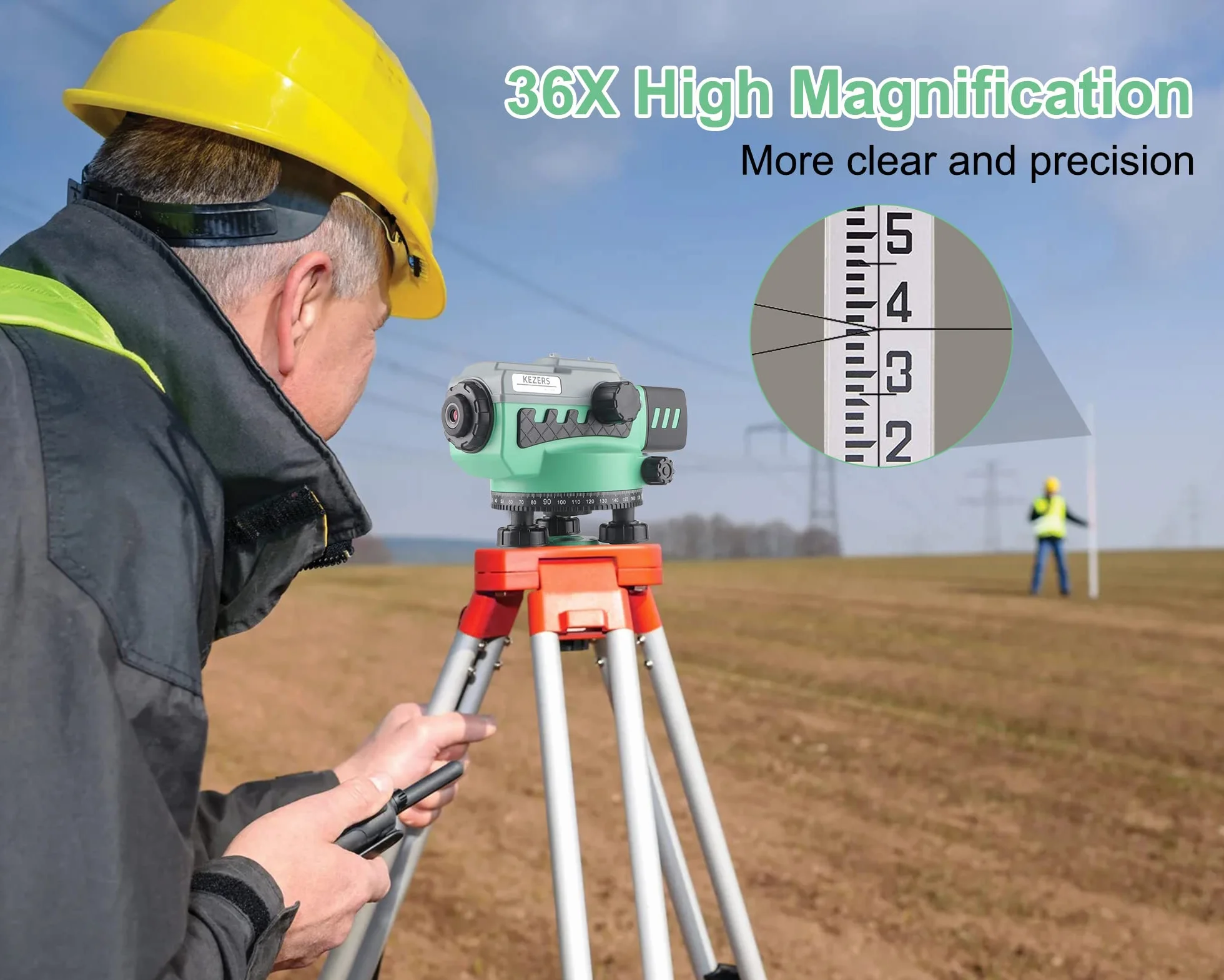 KEZERS Professional Nivel Óptico 36X, nivel de encuesta óptica automática, herramienta de autonivelación para constructores, impermeable, medición de altura/distancia