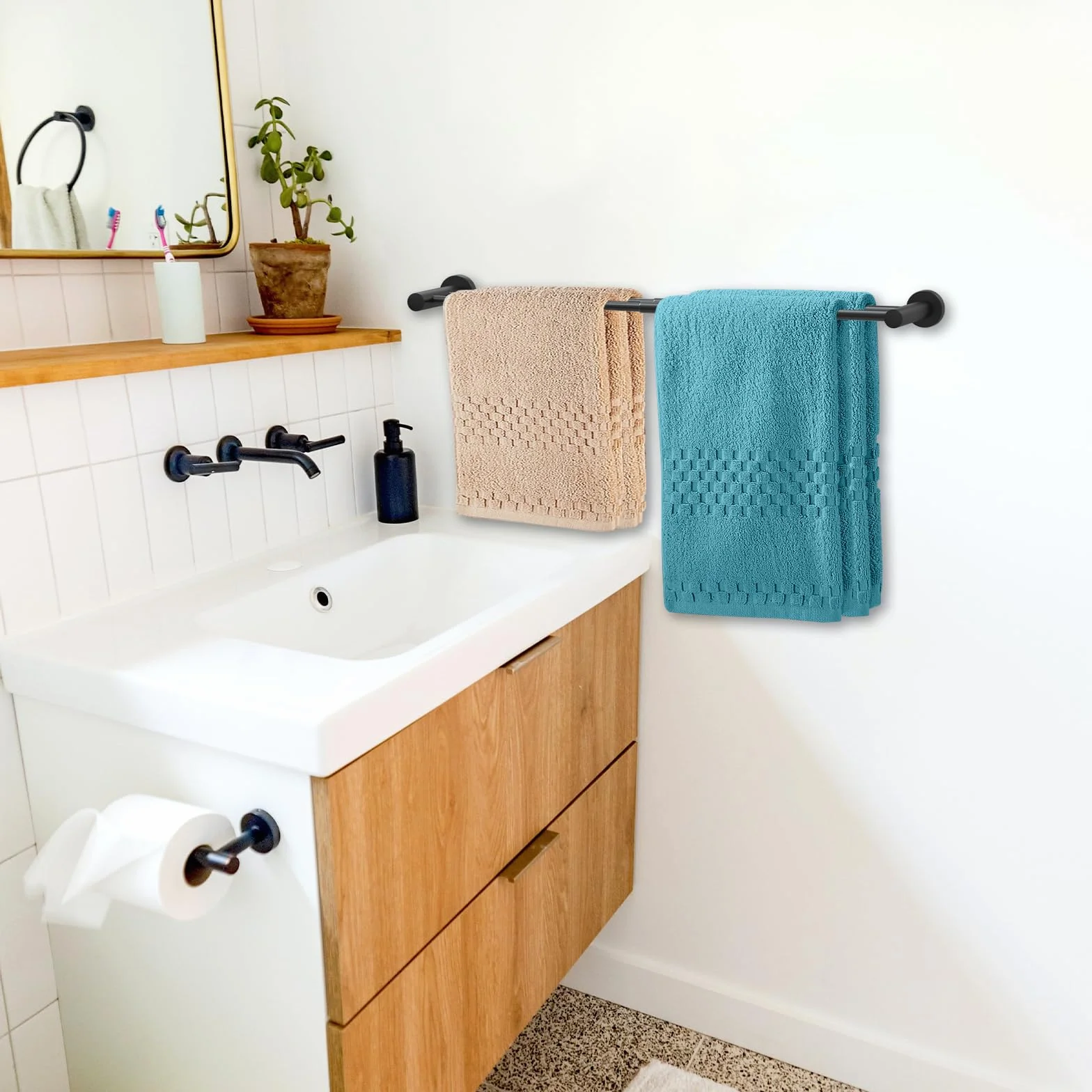 Toalleros Pared Toalleros Baño Toallero Barra Toalla de Mano Toallero Ajustable Retráctil 43-72CM para Montar en la Pared, toallero de Barra para Cocina, baño, Inodoro, Negro (Barra Doble)