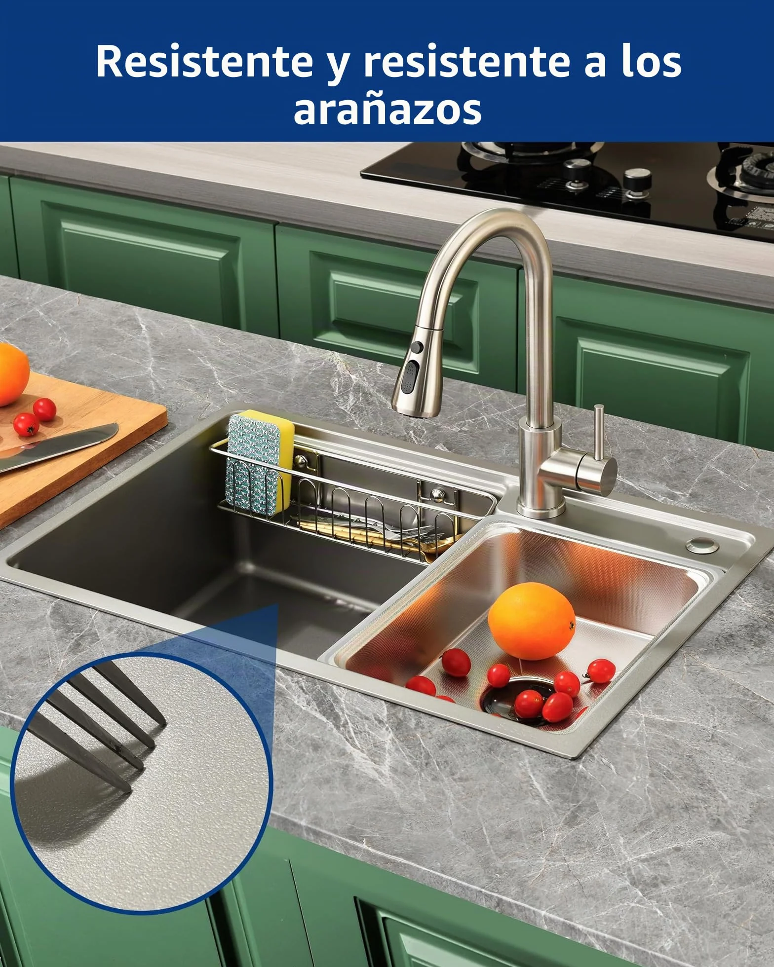 Fregadero de Cocina de Acero Inoxidable 68x46 cm, 1 Cubeta con Sifón, Desbordamiento y Accesorios de Vaciado, Fregadero Moderno Multifuncional para Encimeras > 80 cm (Plateado)