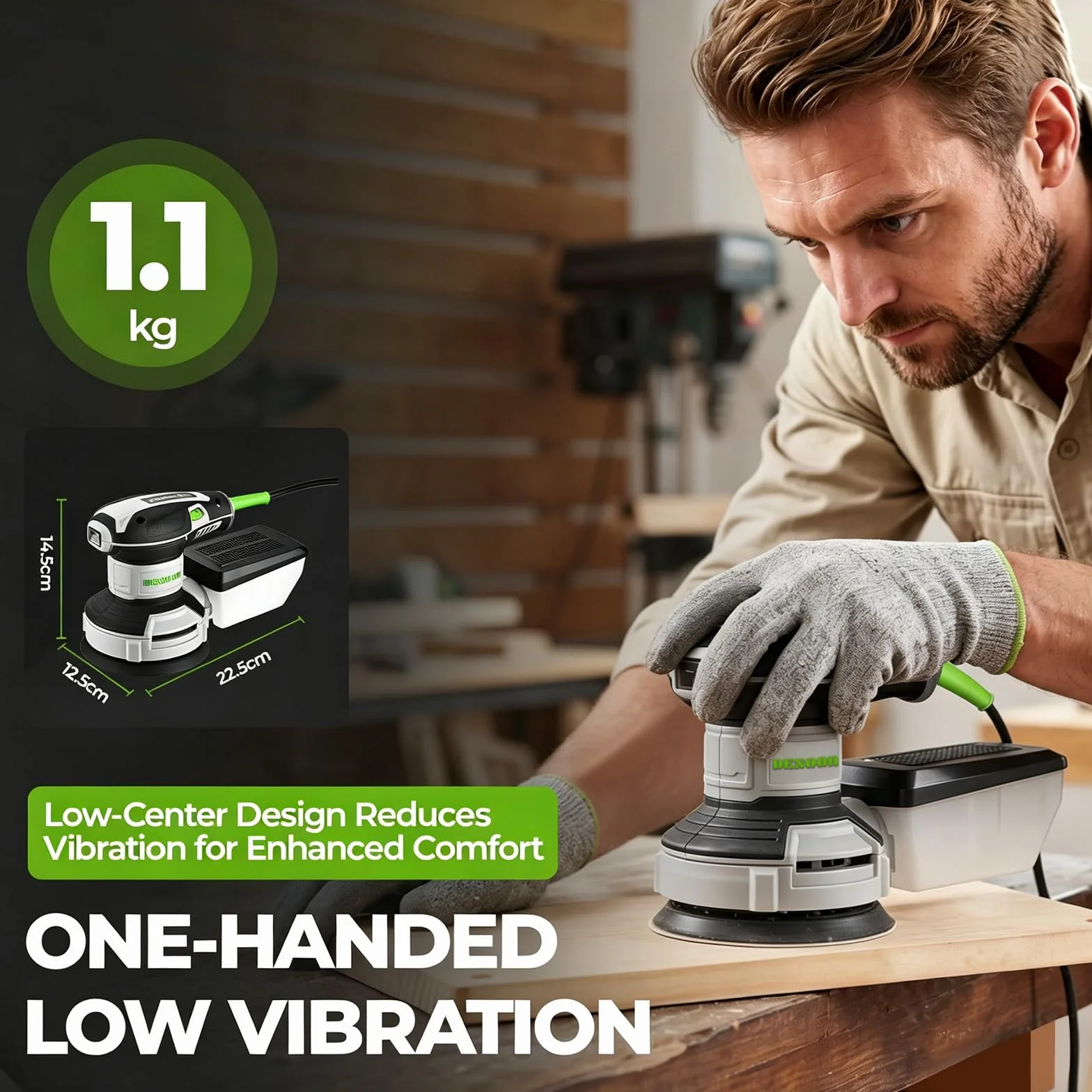DESOON Lijadora Orbital de 300W, con 20 Hojas de Lija Incluidas, 6 Velocidades, 14 000 rpm, lijadora Madera de 125 mm, Apta para Carpintería y Trabajos de Lijado