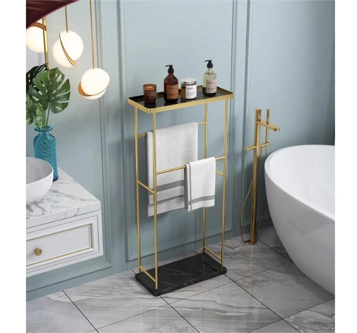 Toallero De Pie Toallero De Hierro 2 Niveles con Base Mármol Y Encimera Vidrio, Independiente, Soporte Nórdico para Toallas para Baño Baño Organizador